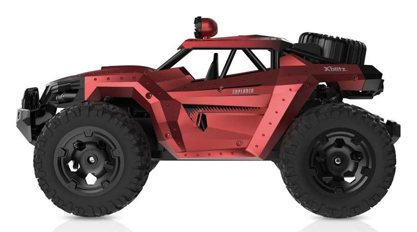 Czerwony zdalnie sterowany pojazd terenowy z dużymi oponami i uchwytem na koło zapasowe.