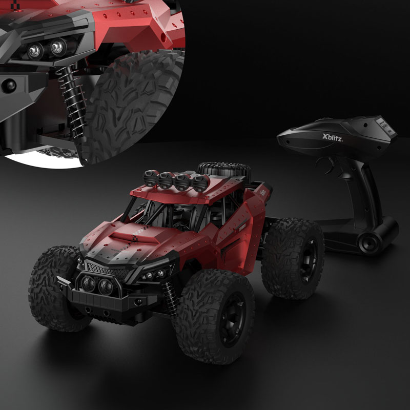 Czerwony samochód RC typu monster truck z dużymi kołami i pilotem na czarnym tle.