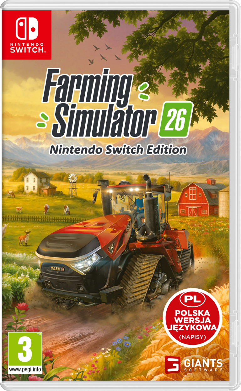 Czerwony traktor jedzie po polu, z domem wiejskim i górami w tle.