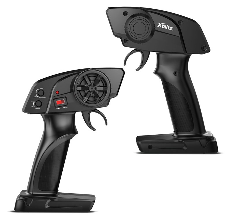 Dwa czarne piloty do samochodów RC, jeden z kółkiem i przełącznikami, drugi z spustem.