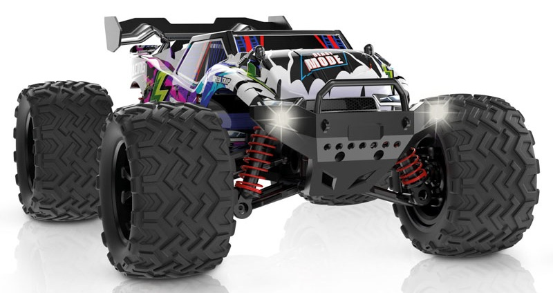 Samochód zdalnie sterowany z dużymi oponami i kolorowym malowaniem.