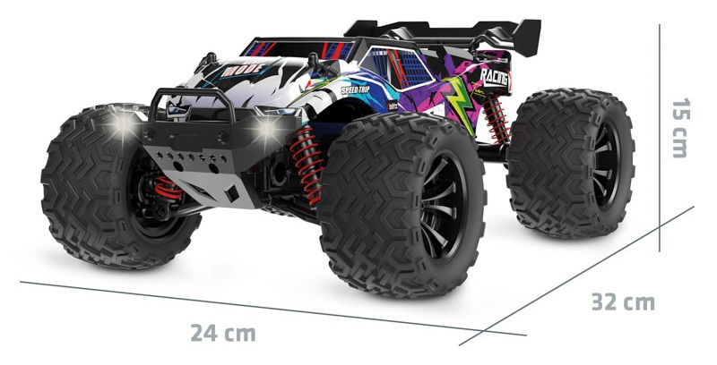 Kolorowy buggy RC z dużymi oponami i świecącymi reflektorami.