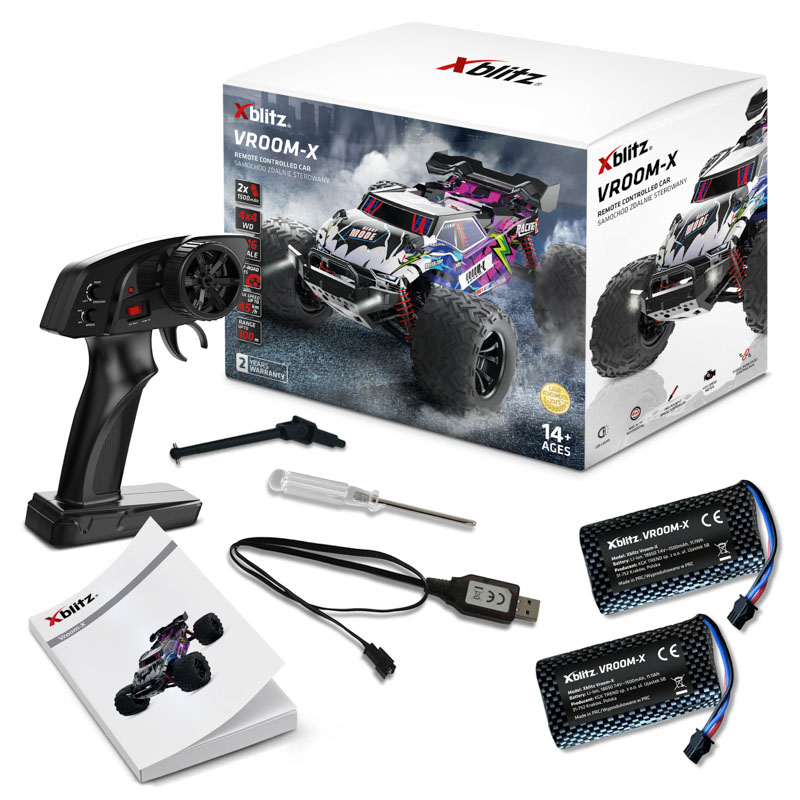 Samochód zdalnie sterowany z pilotem, bateriami, ładowarką i instrukcją.