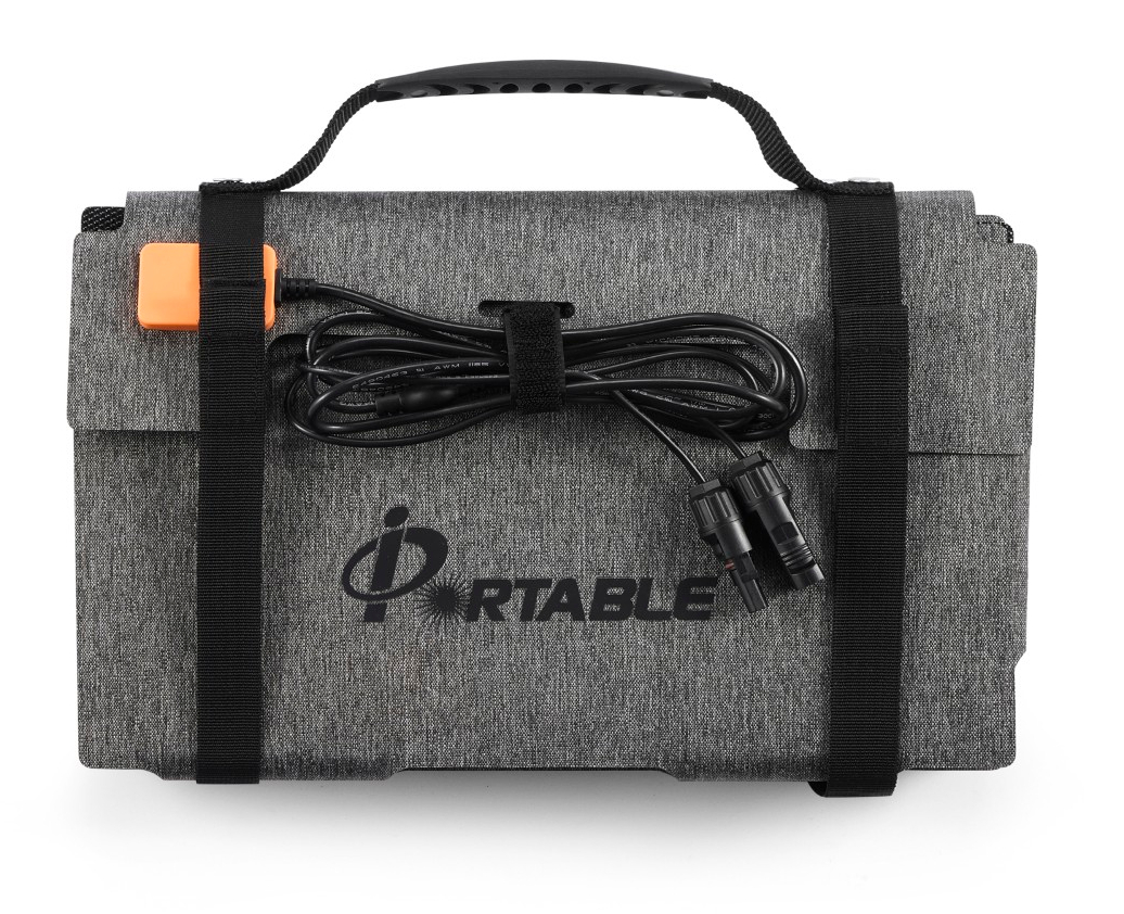 Szary, składany ładowarka solarna z czarnym uchwytem i kablami.