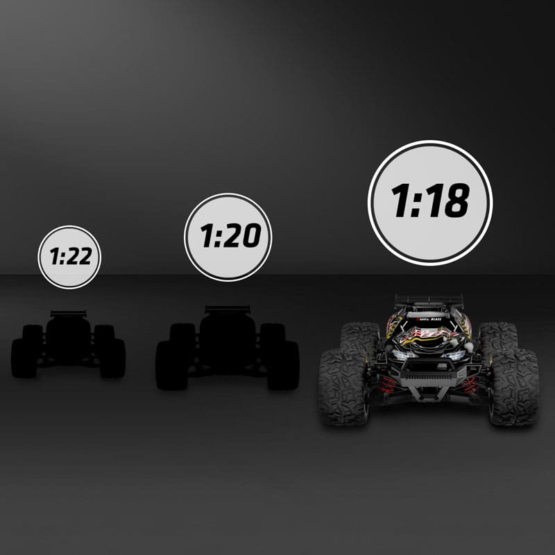 Trzy samochody RC ze wskaźnikami skali: 1:22, 1:20 i 1:18. Model 1:18 jest szczegółowy.