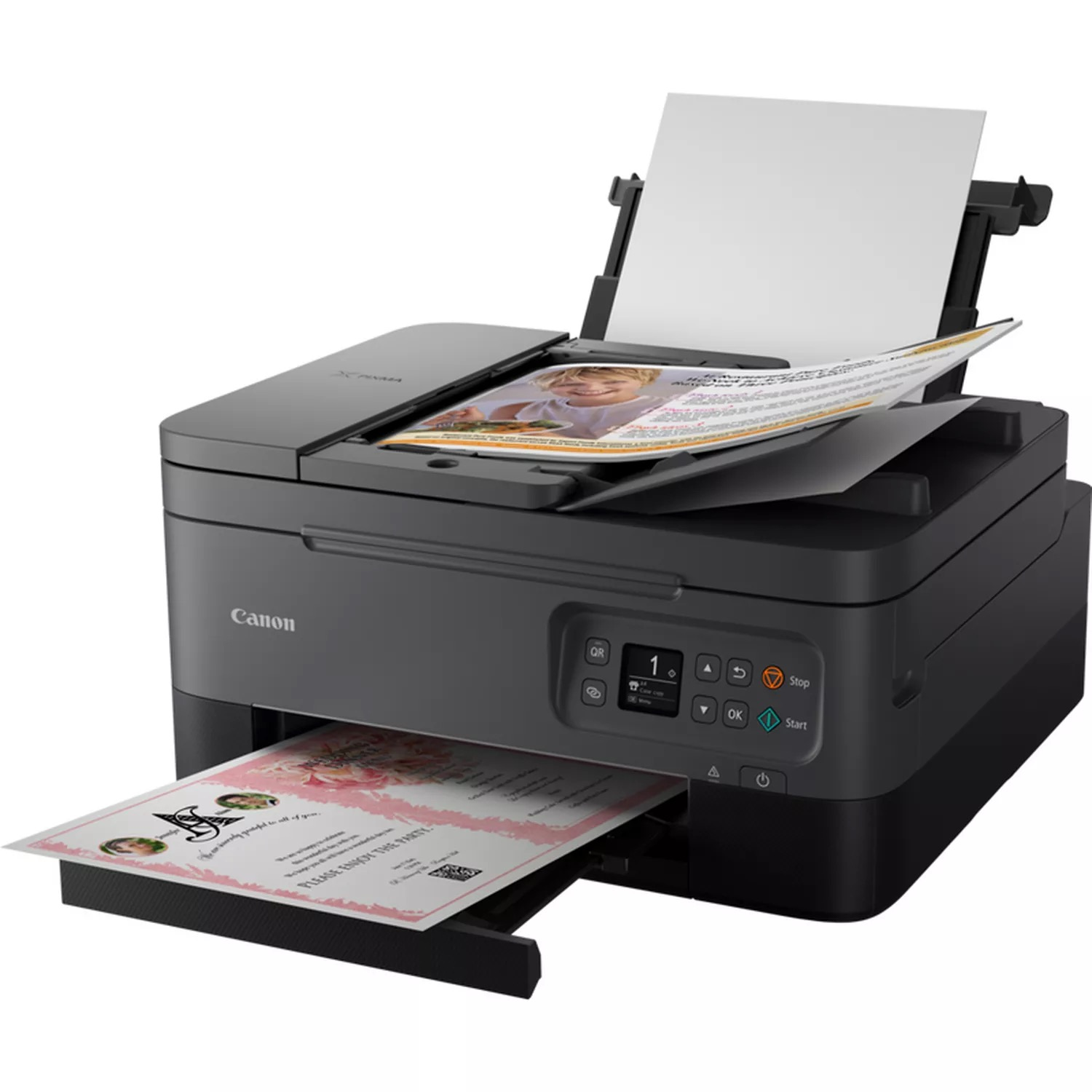 Czarna drukarka Canon z tacą odbiorczą i wydrukowanymi papierami.