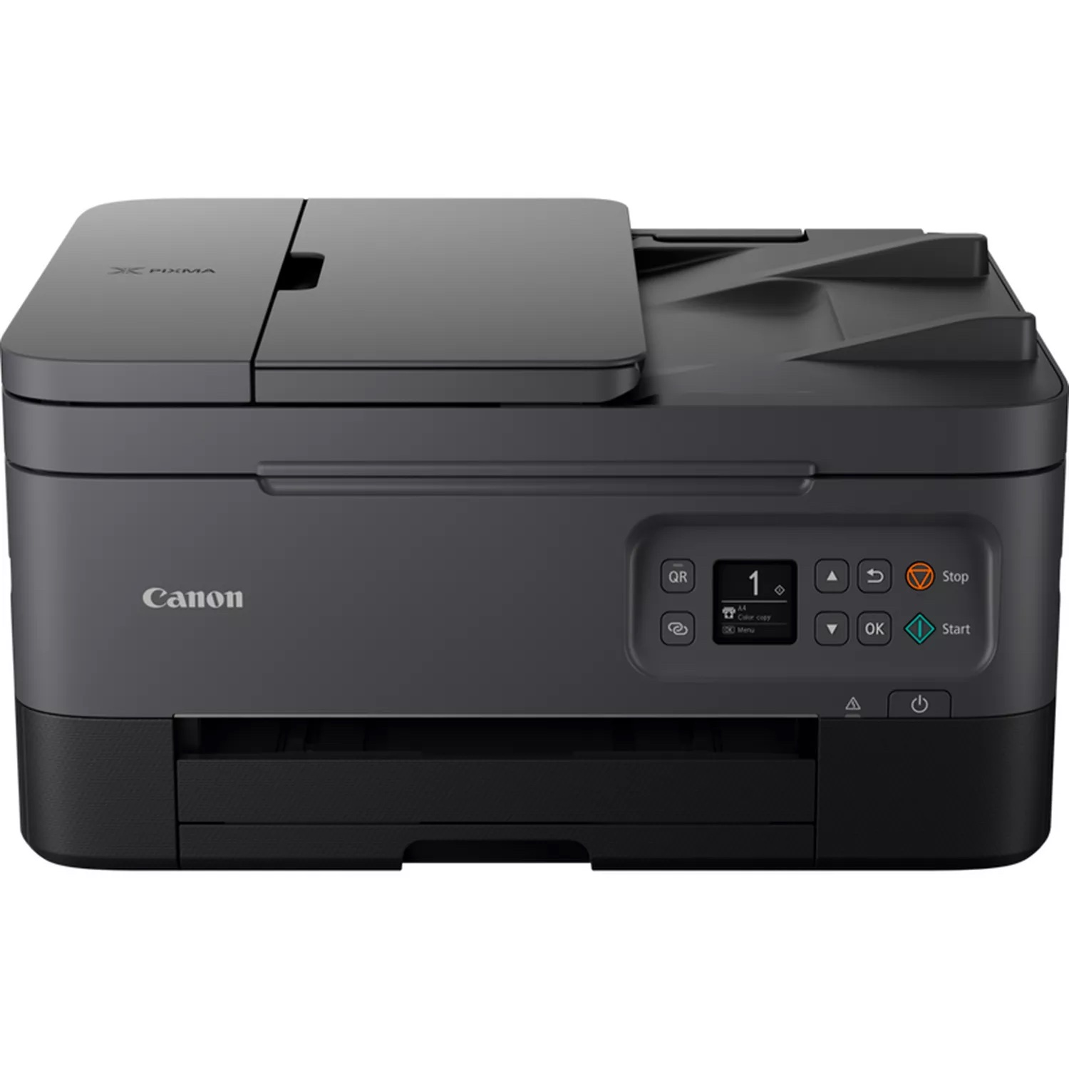 Czarna drukarka Canon Pixma z panelem sterowania i tacą wyjściową papieru.