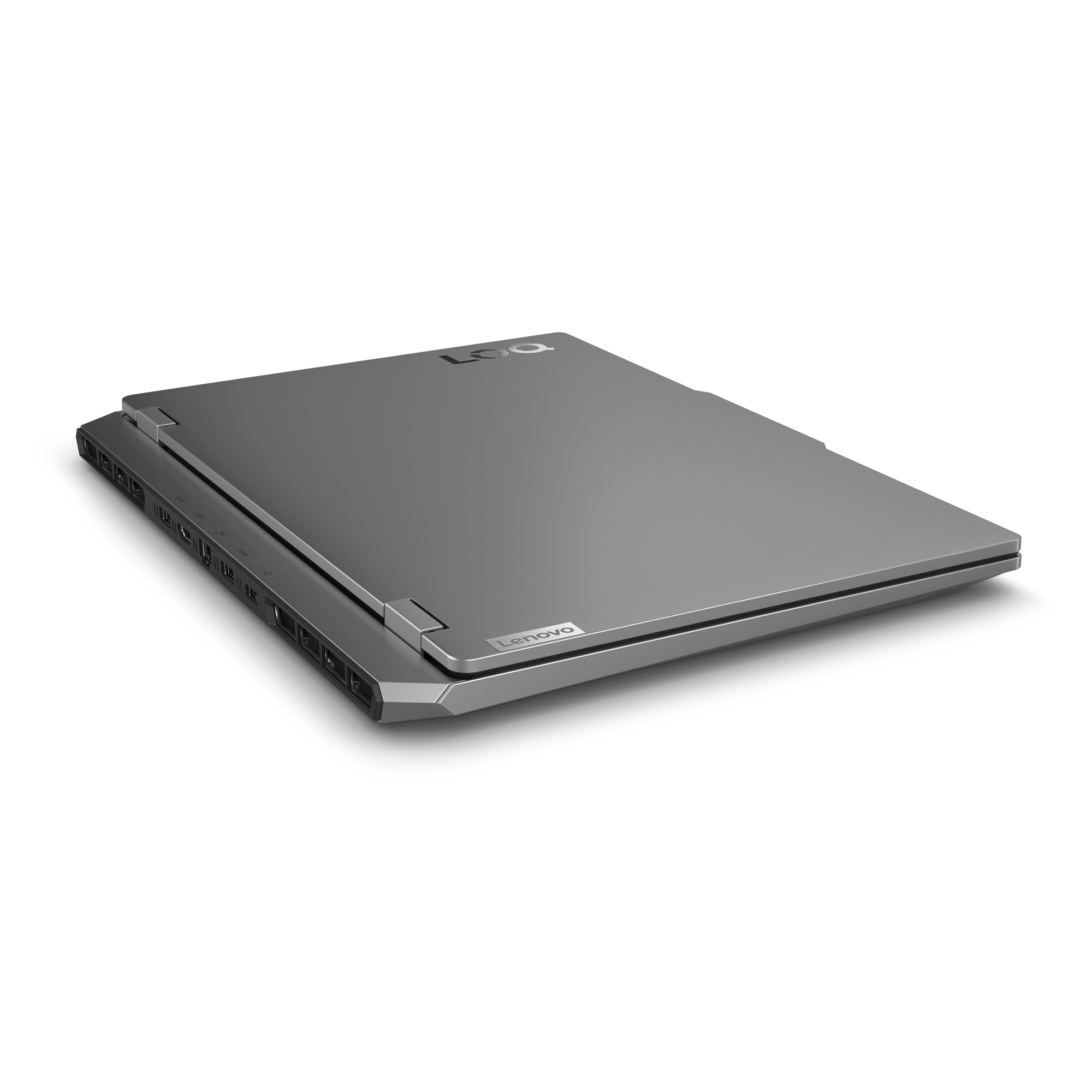 Szary zamknięty laptop z logo "LOQ" i "Lenovo". Widok z boku.