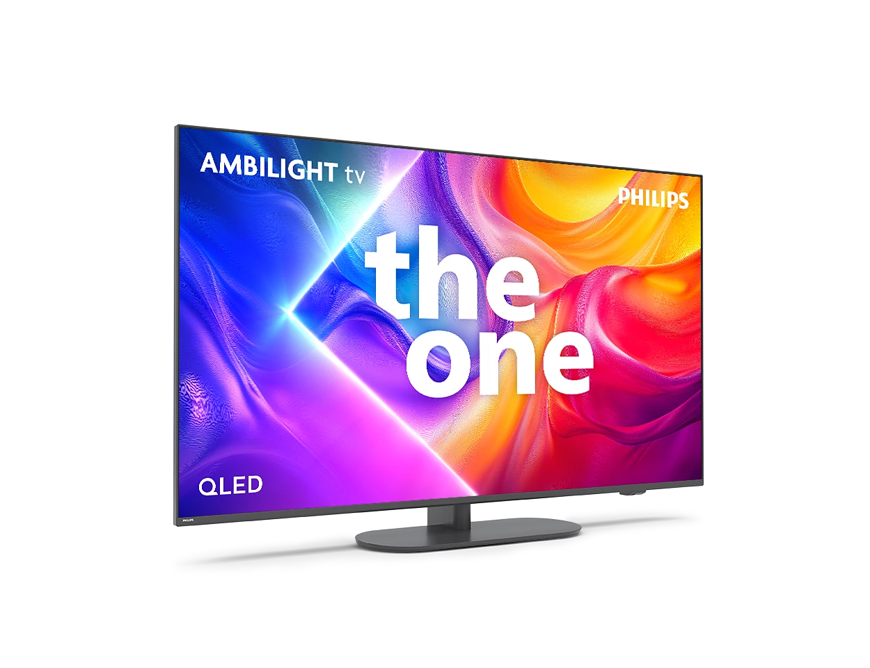 Telewizor Philips Ambilight z technologią QLED, reklamujący "the one".