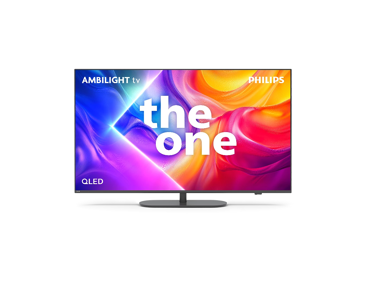 Telewizor Philips Ambilight QLED wyświetlający napis 'the one'.