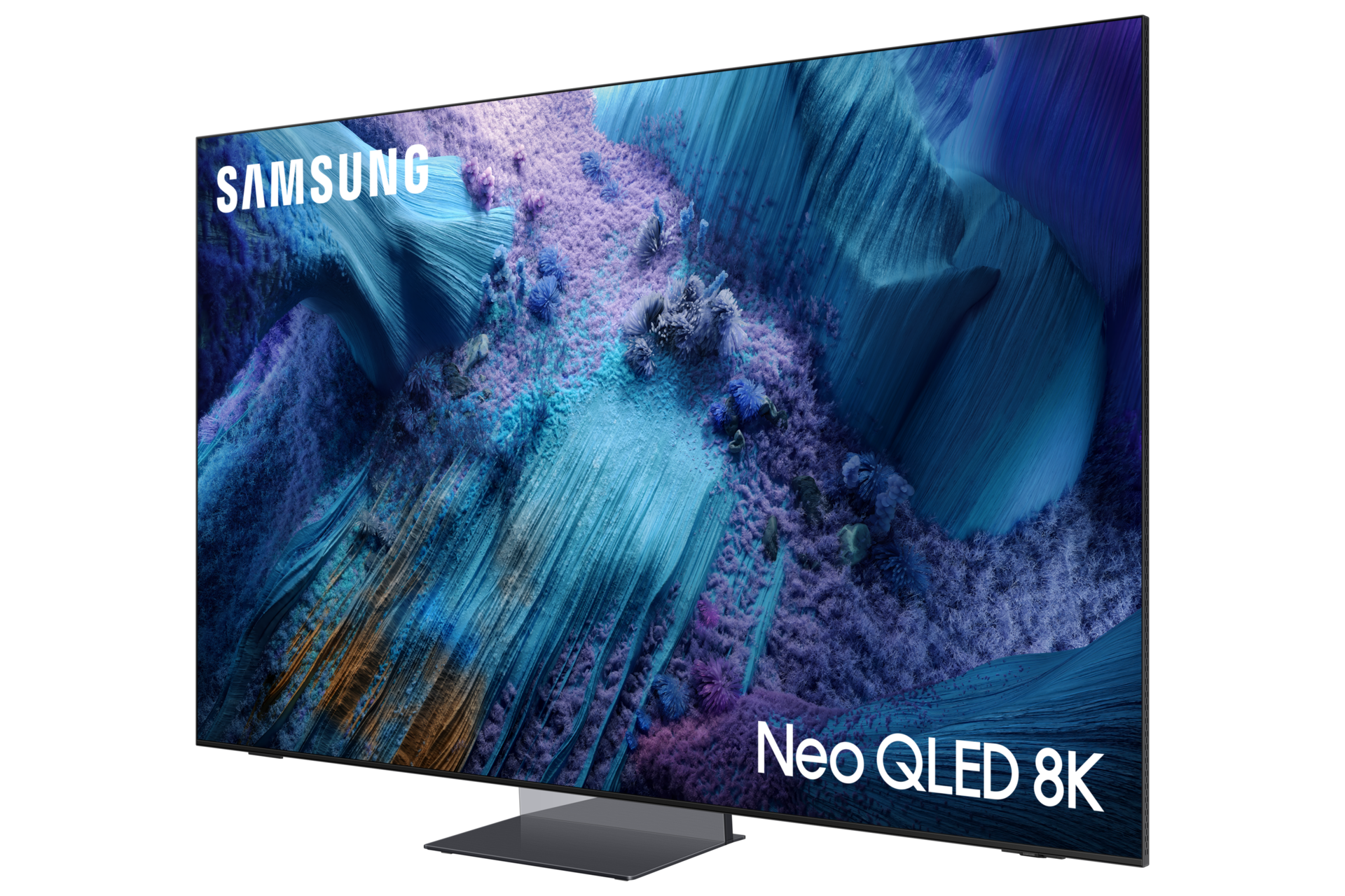 Telewizor Samsung Neo QLED 8K wyświetla surrealistyczny krajobraz niebiesko-fioletowy.