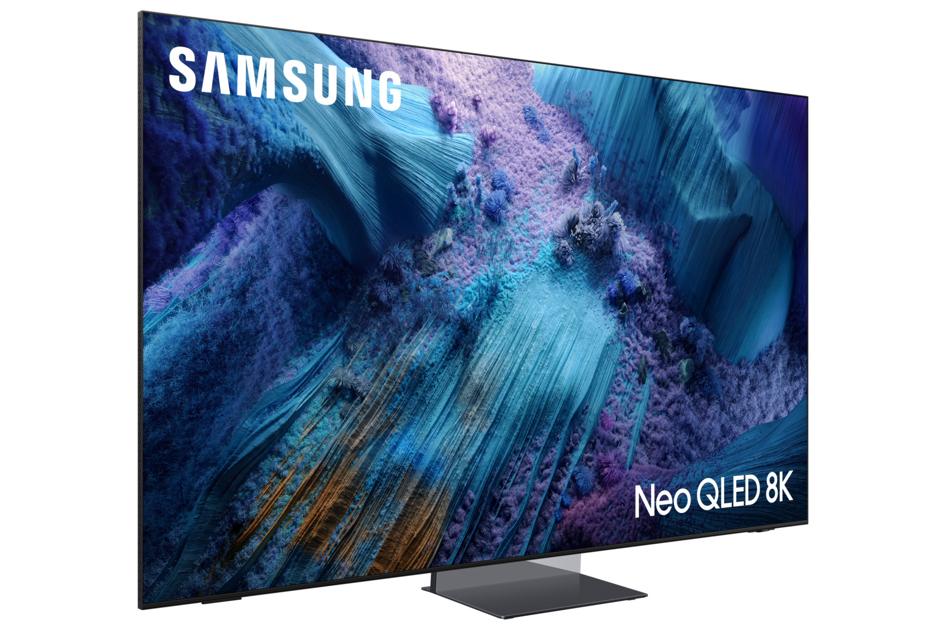 Telewizor Samsung Neo QLED 8K wyświetlający abstrakcyjny niebiesko-fioletowy obraz.
