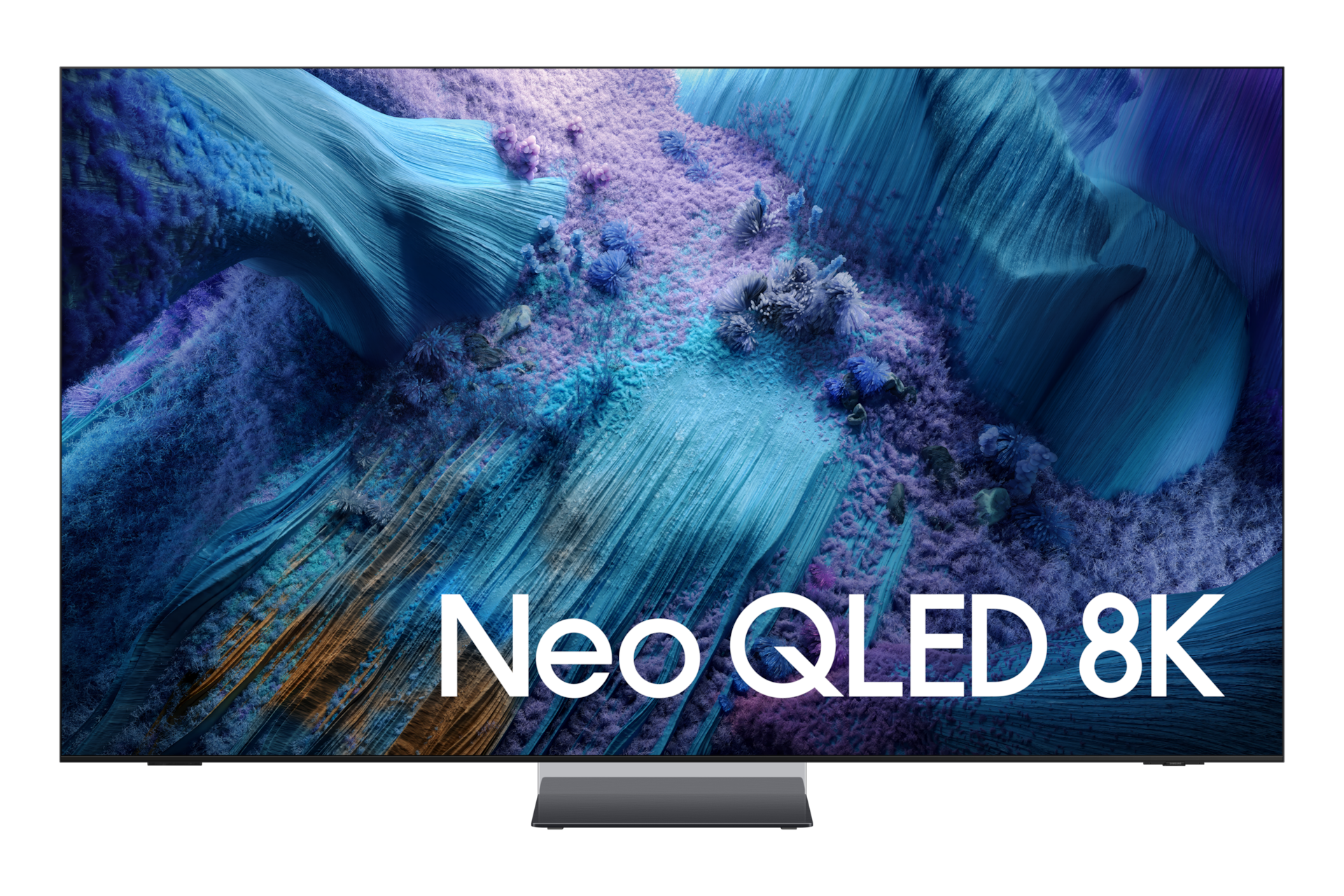 Duży telewizor Neo QLED 8K z abstrakcyjnym niebiesko-fioletowym wzorem.