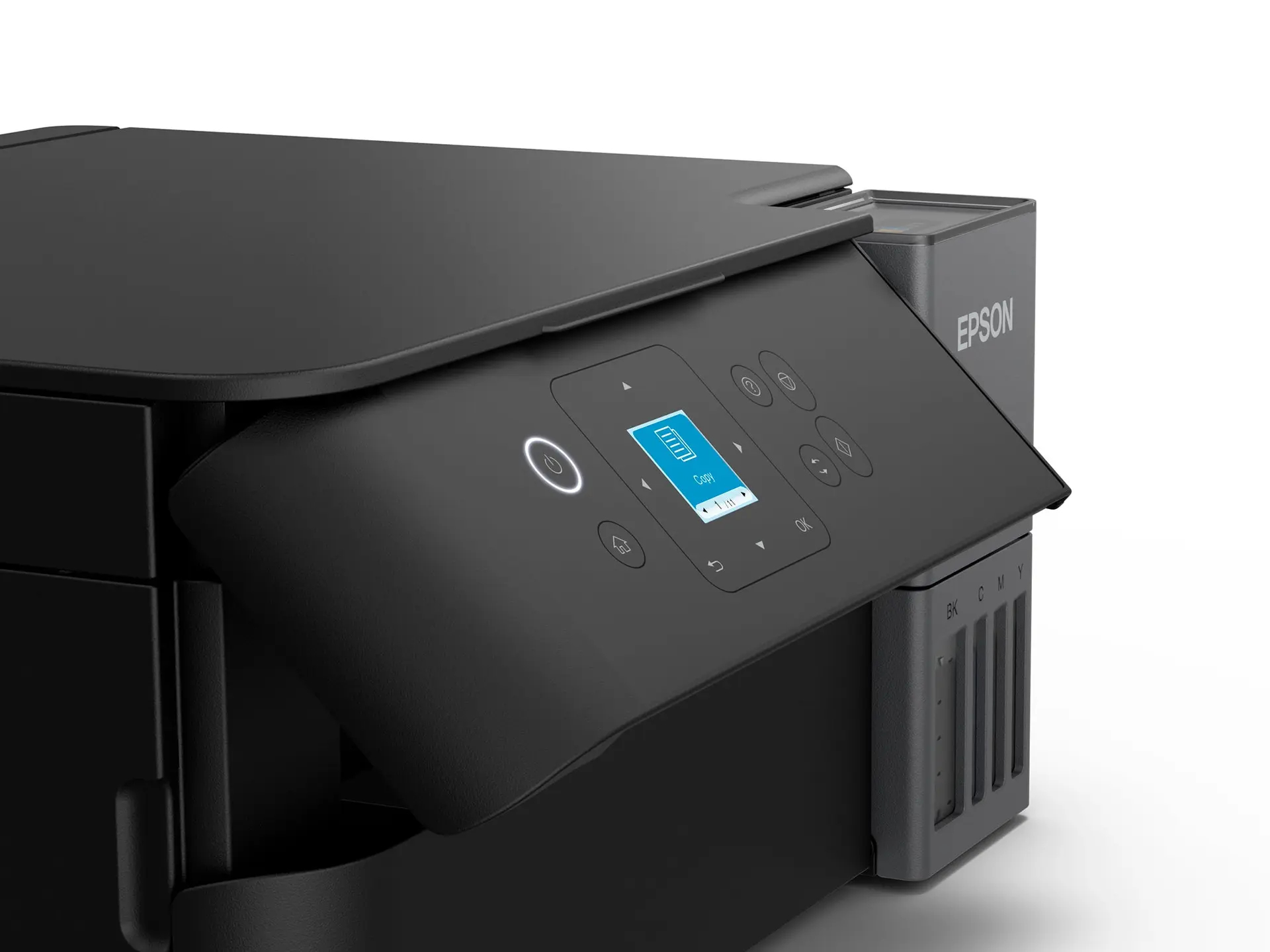 Czarna drukarka Epson z otwartą pokrywą, widocznym wyświetlaczem i zbiornikami na tusz.
