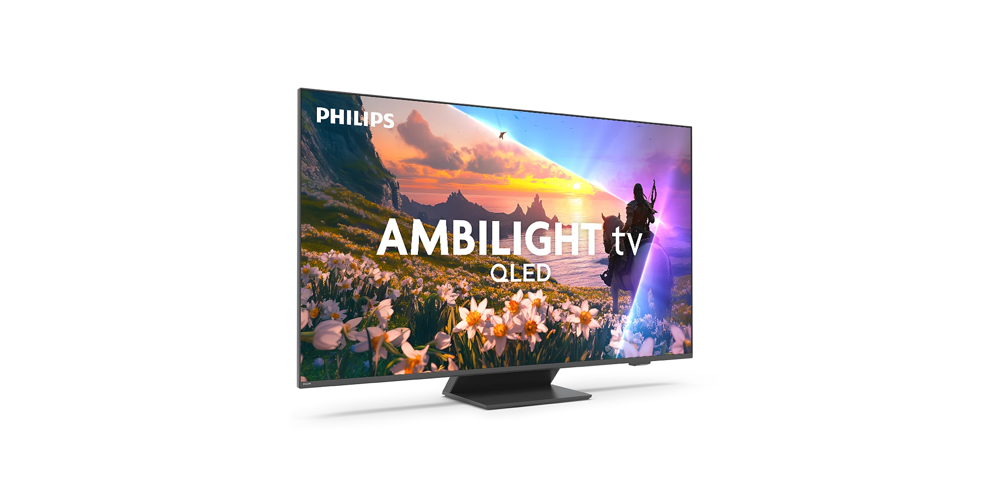 Ein Philips Ambilight TV mit QLED-Technologie zeigt eine Fantasiewelt mit Blumen und Reiter.