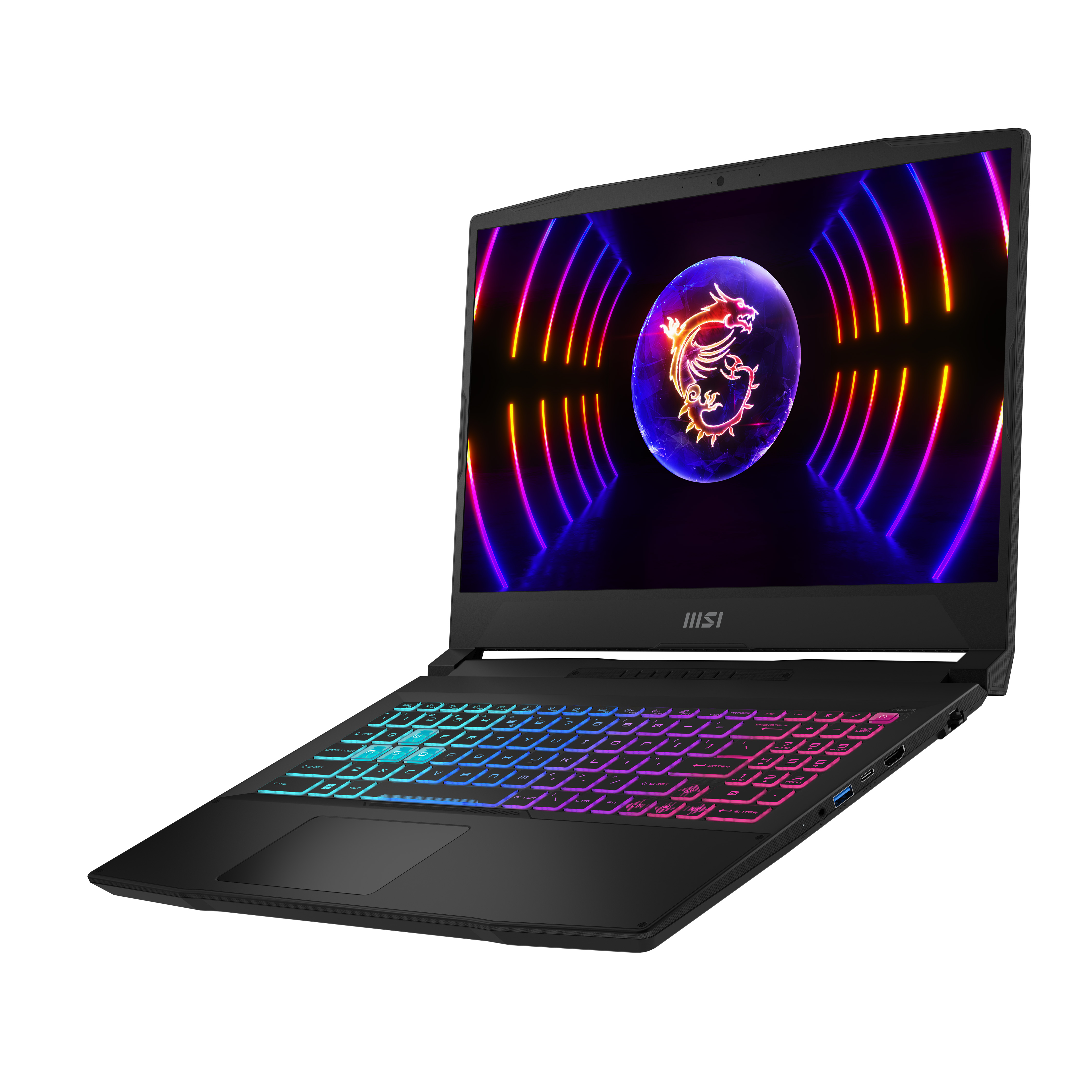 Czarny laptop z kolorową podświetlaną klawiaturą i logo MSI na ekranie.