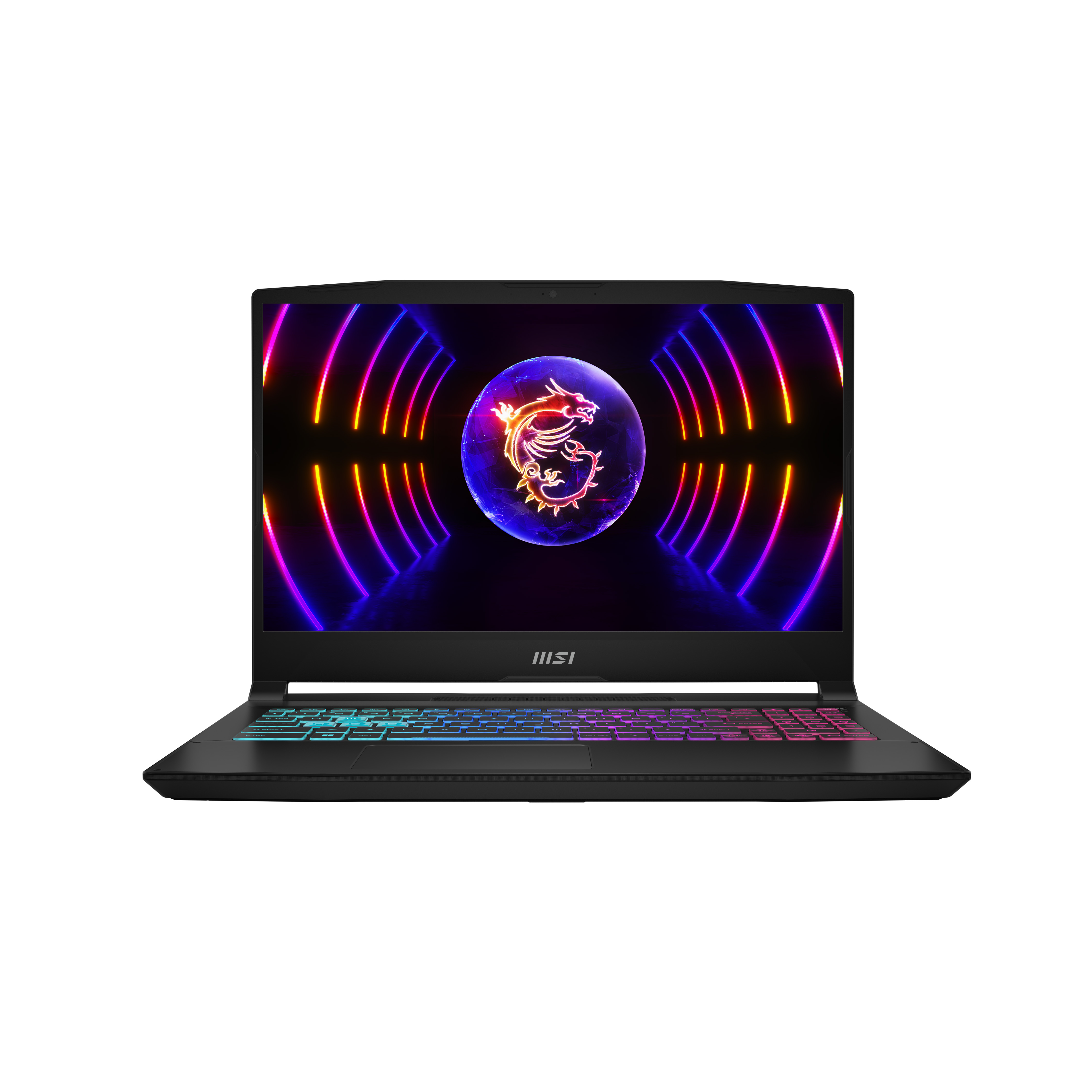 Czarny laptop MSI z kolorową podświetlaną klawiaturą i logo smoka na ekranie.