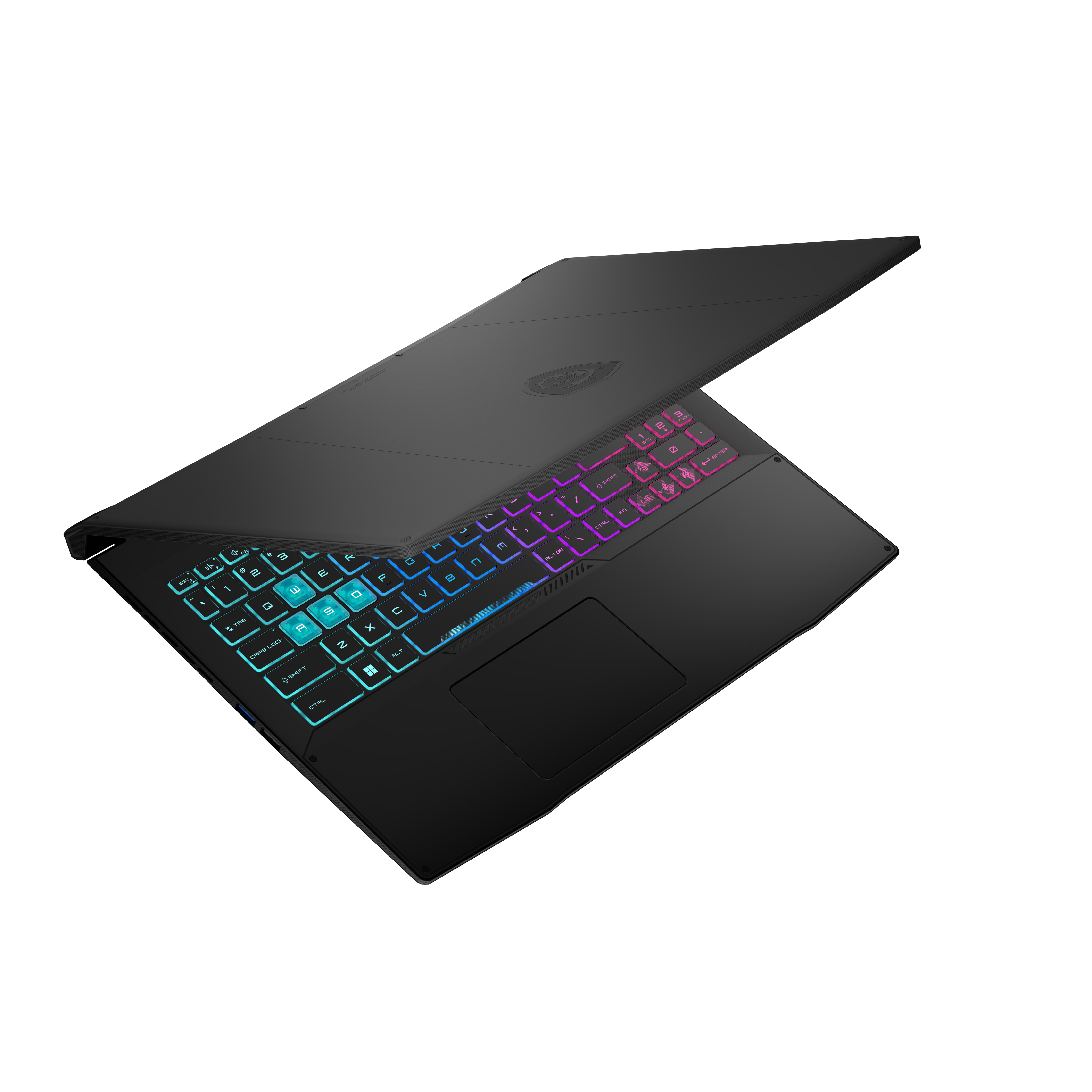 Czarny laptop z podświetlaną klawiaturą świecącą w odcieniach niebieskiego i czerwonego.
