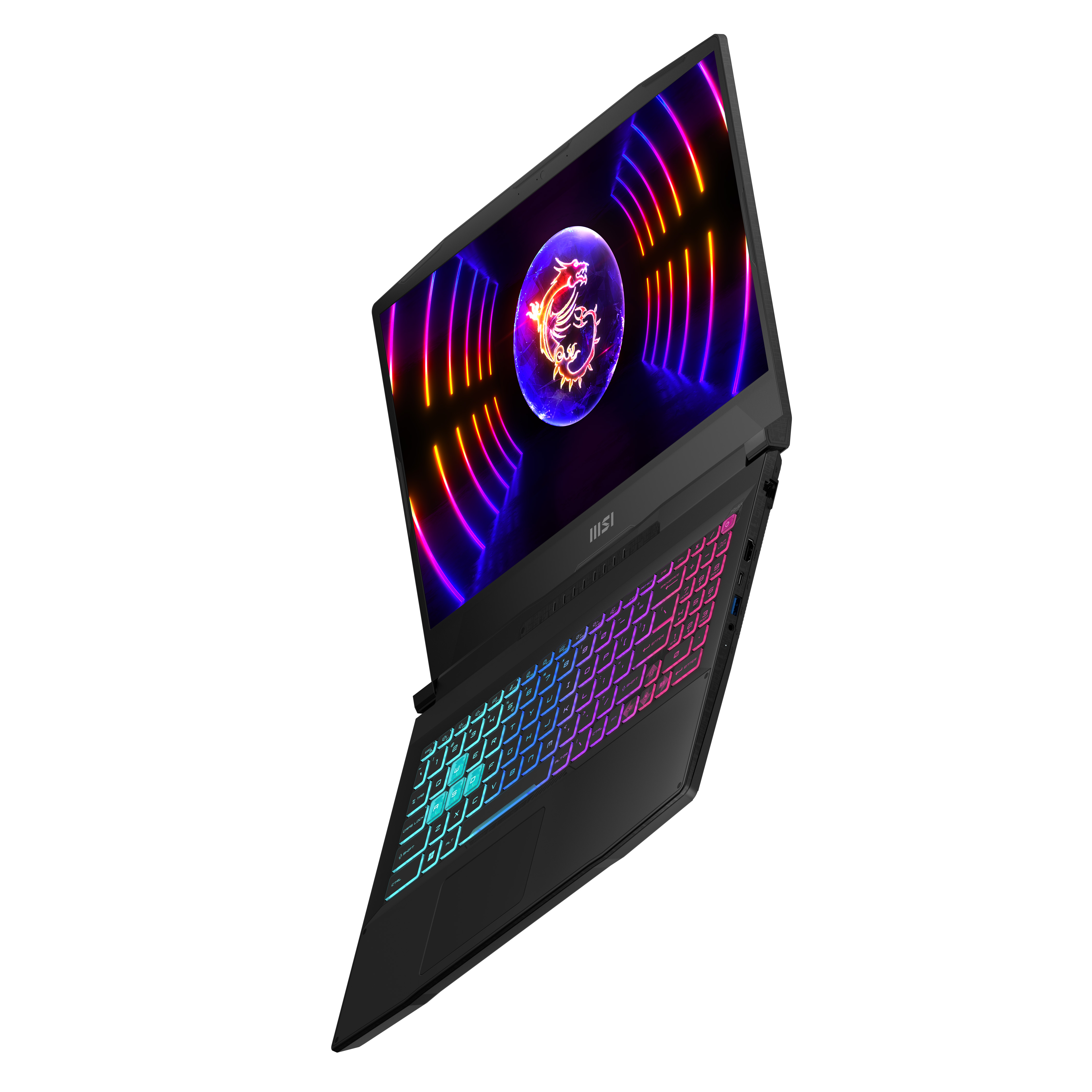 Czarny laptop z podświetlaną klawiaturą i dynamicznym wyświetlaczem.