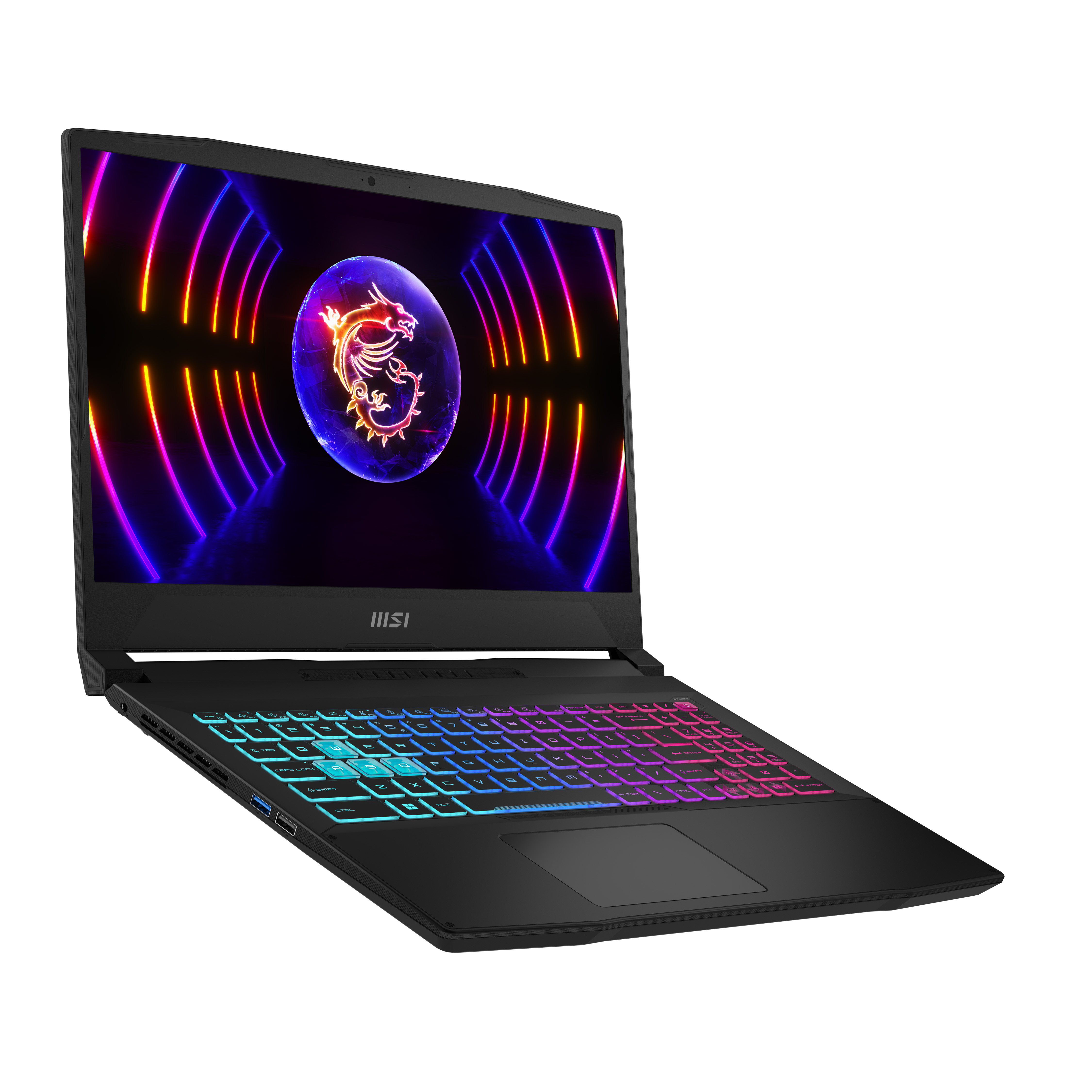Czarny laptop gamingowy MSI z podświetlaną klawiaturą i logo smoka.