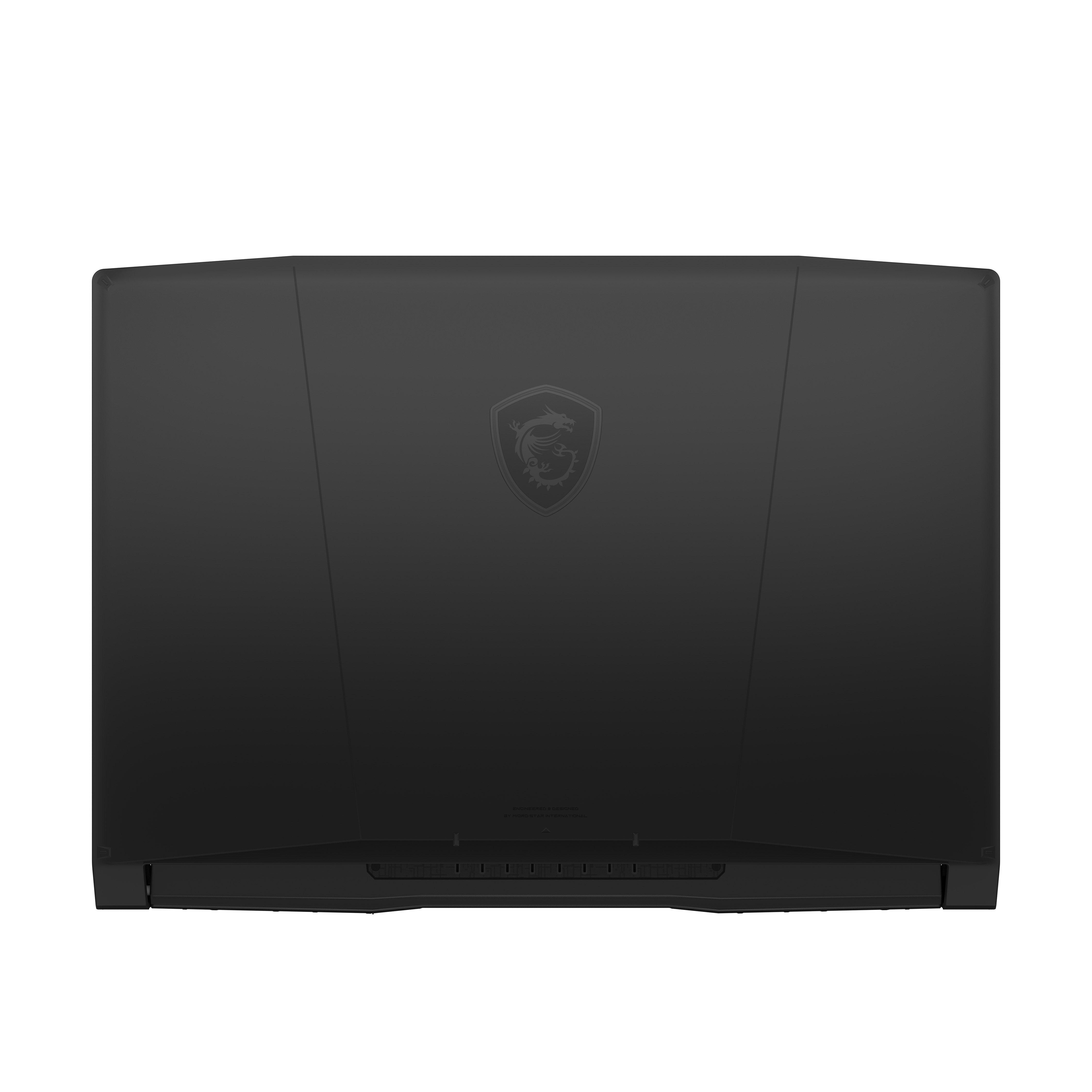 Czarny laptop z logo smoka MSI, białe tło