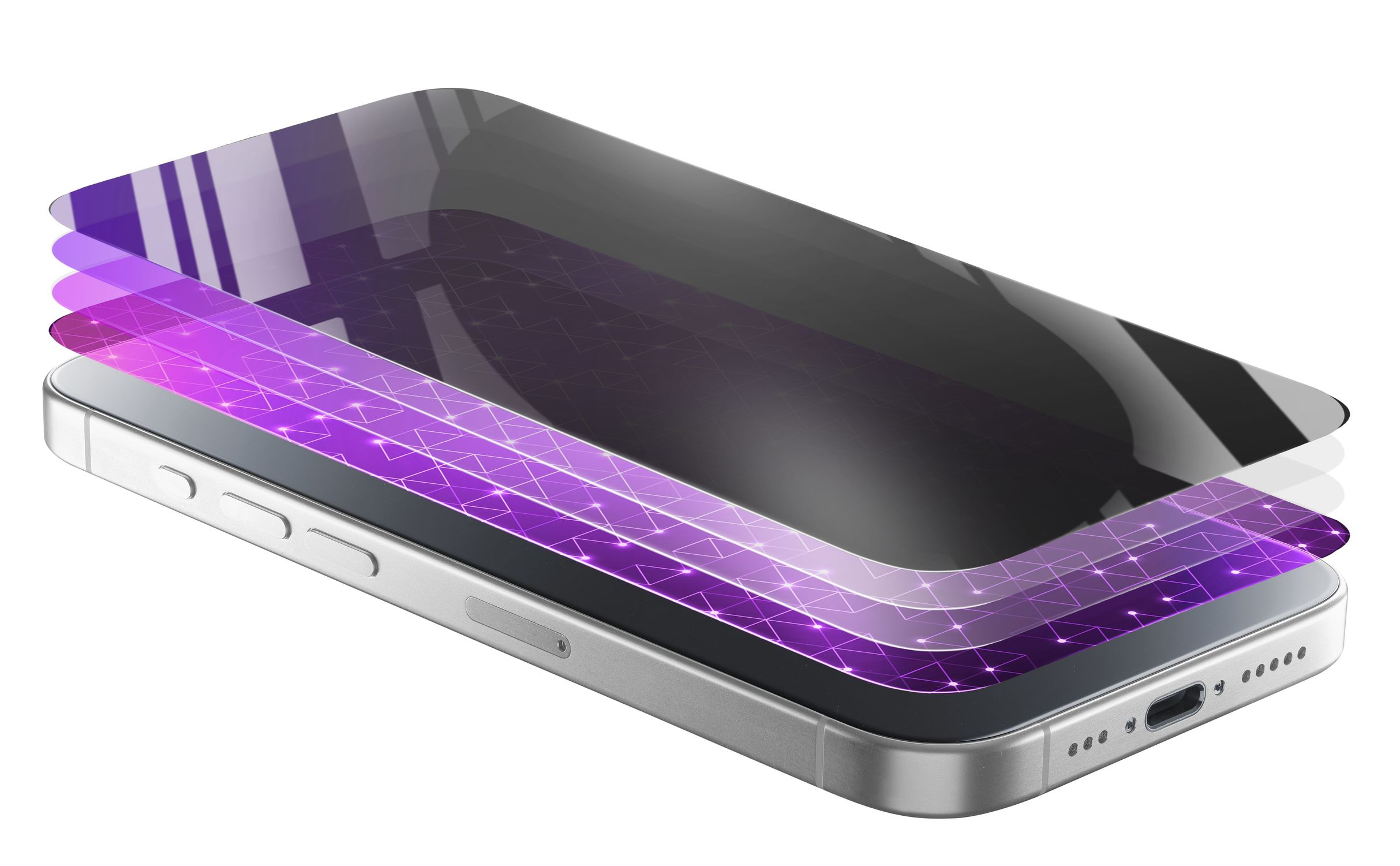 Uno smartphone argentato con tre strati di display viola a motivi.