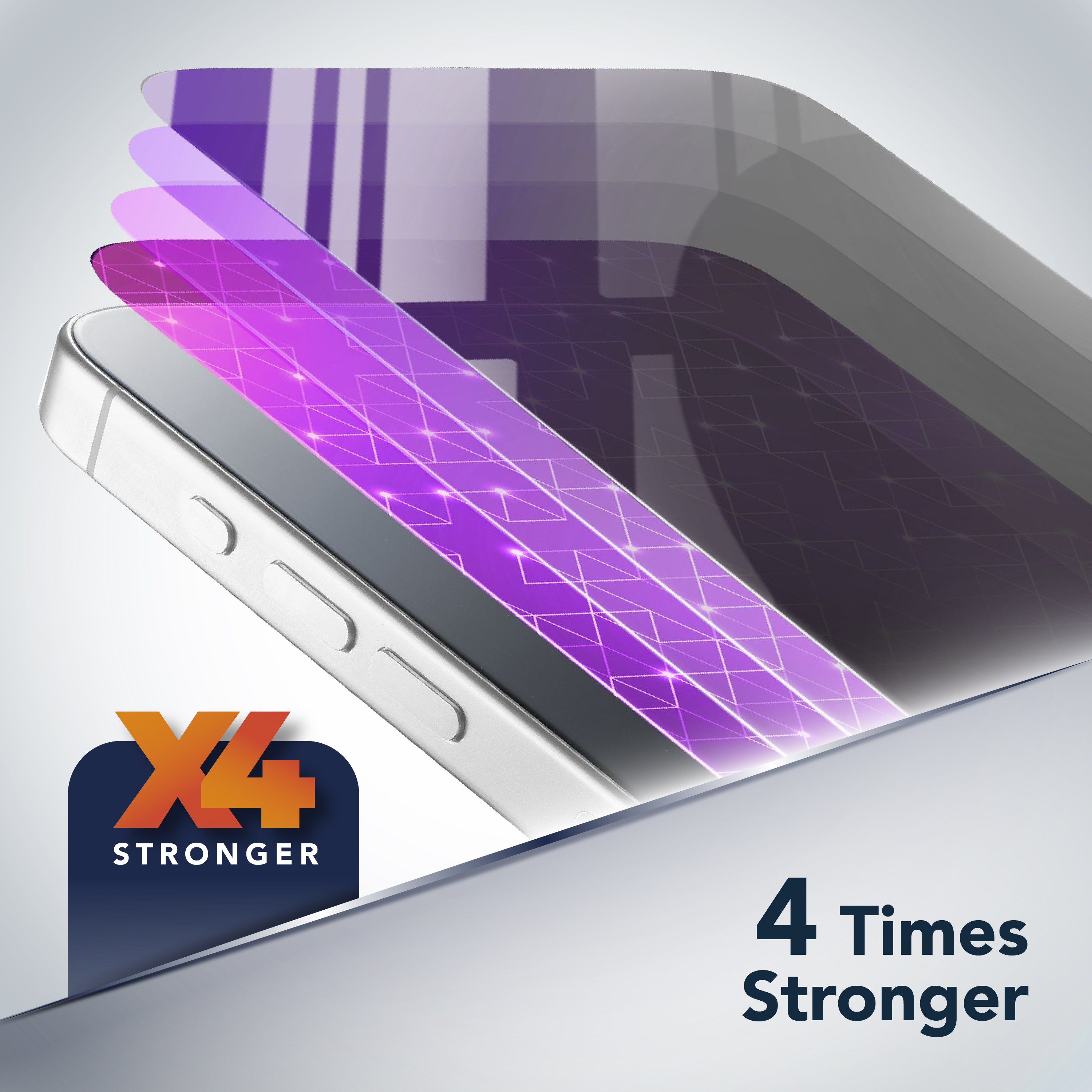 Uno smartphone con motivo viola a griglia e testo "X4 STRONGER".
