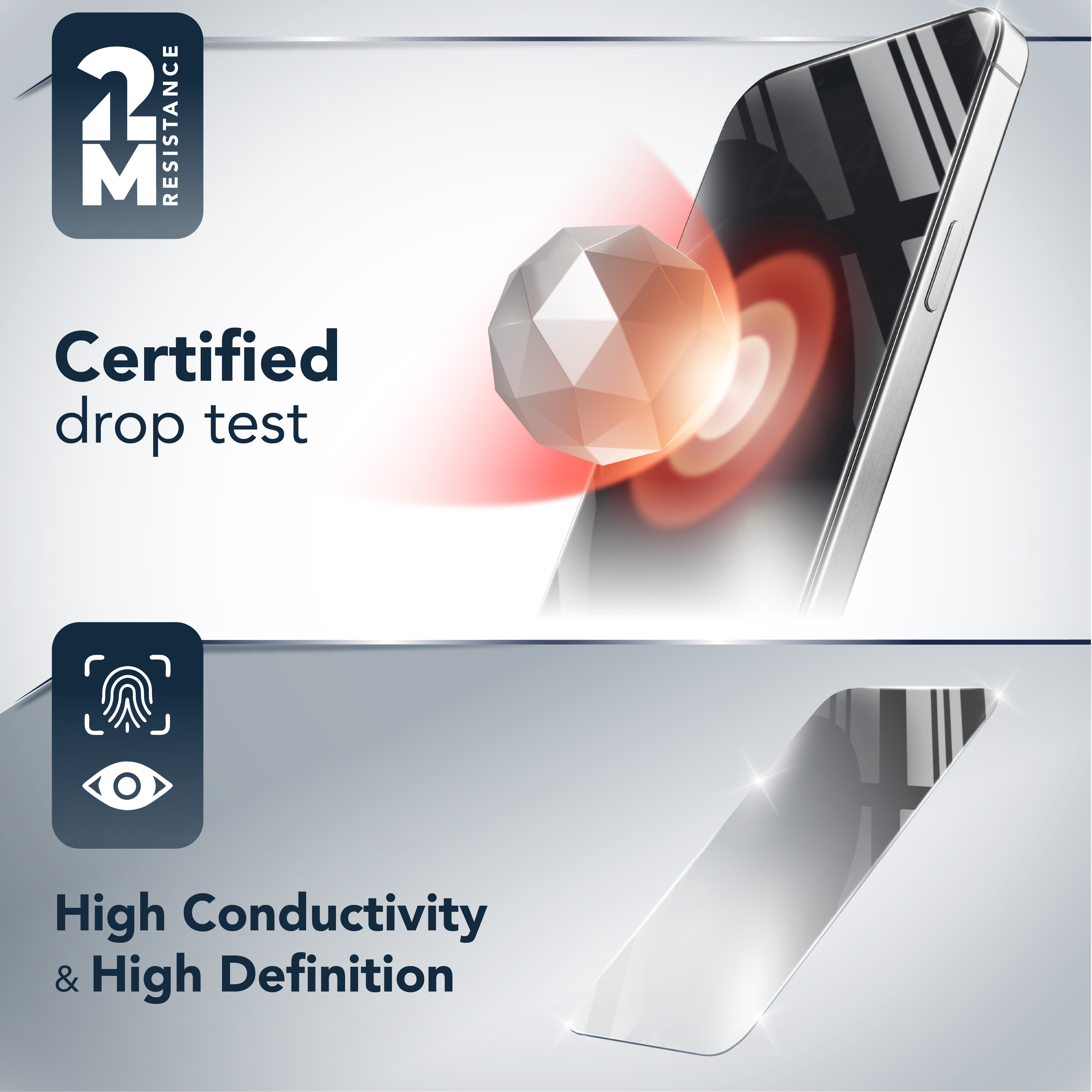 Certificato test caduta 2M. Icona impronta e occhio. Alta conduttività e HD.