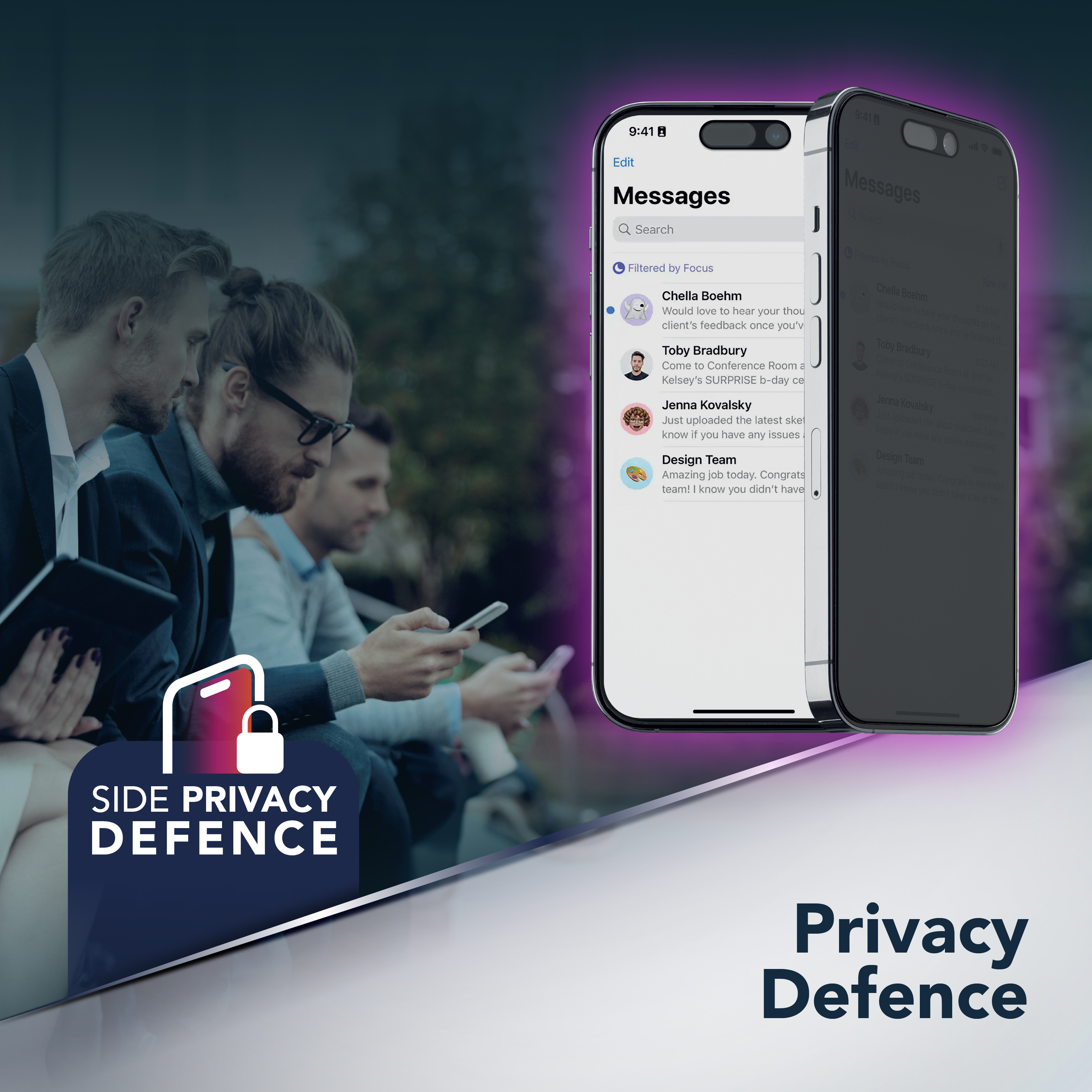 Tre uomini guardano i loro telefoni. Un iPhone visualizza messaggi.