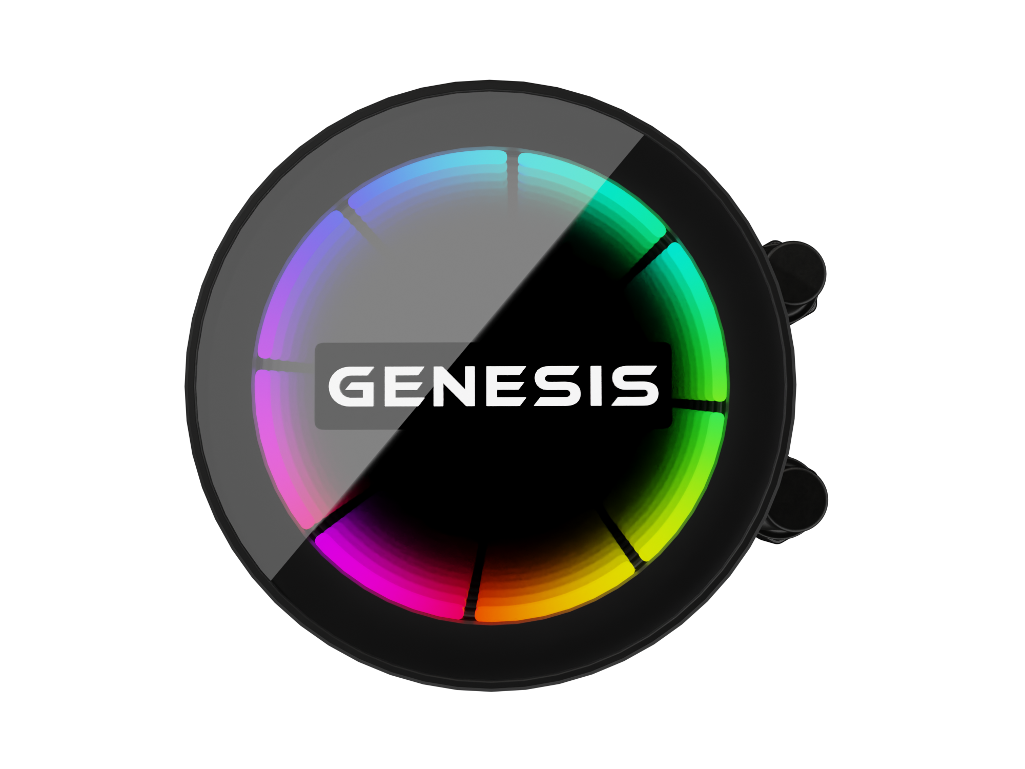 Wentylator z napisem GENESIS i kolorowym podświetleniem RGB.