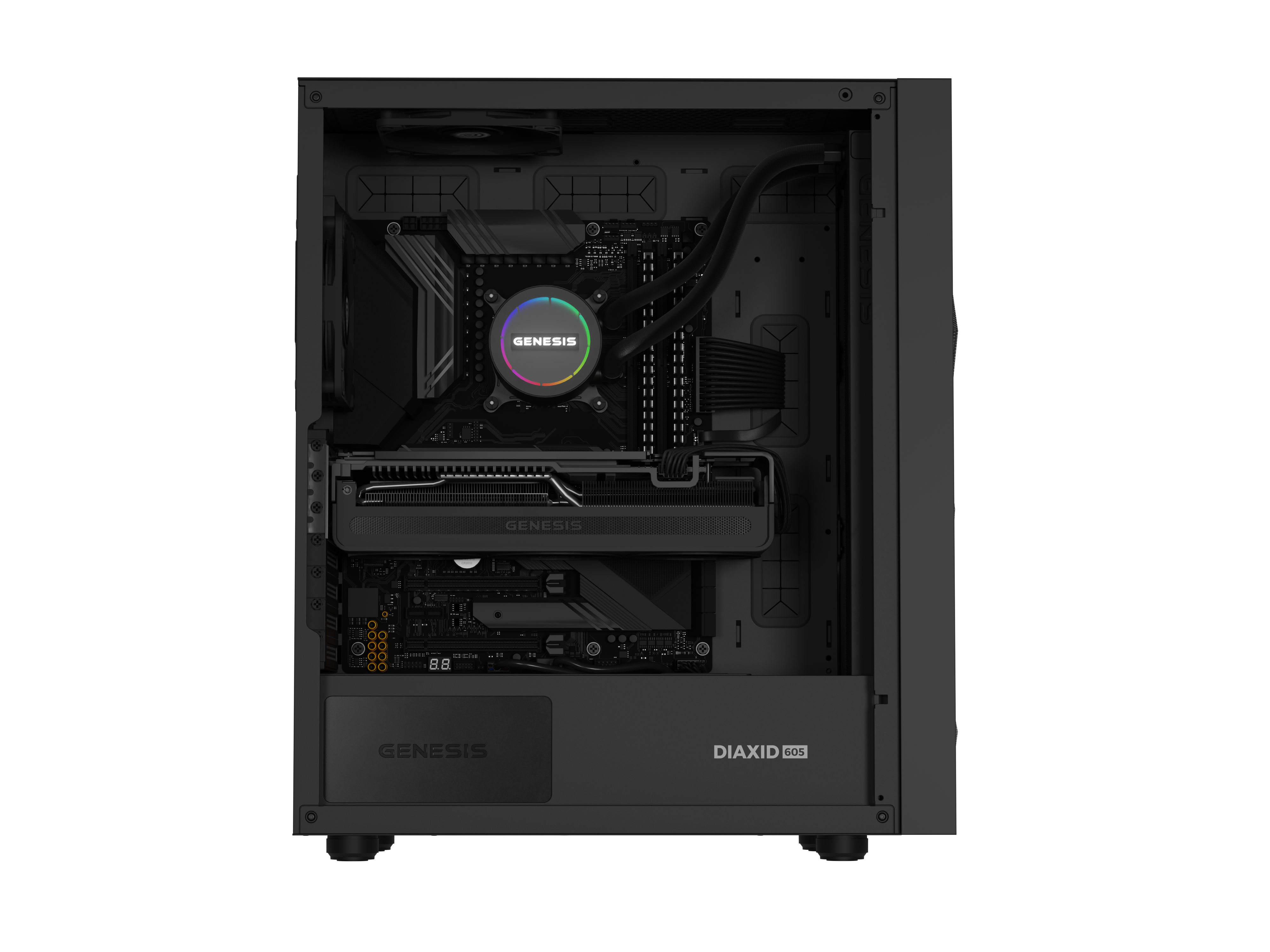 Czarny komputer z podświetleniem RGB na chłodzeniu CPU.