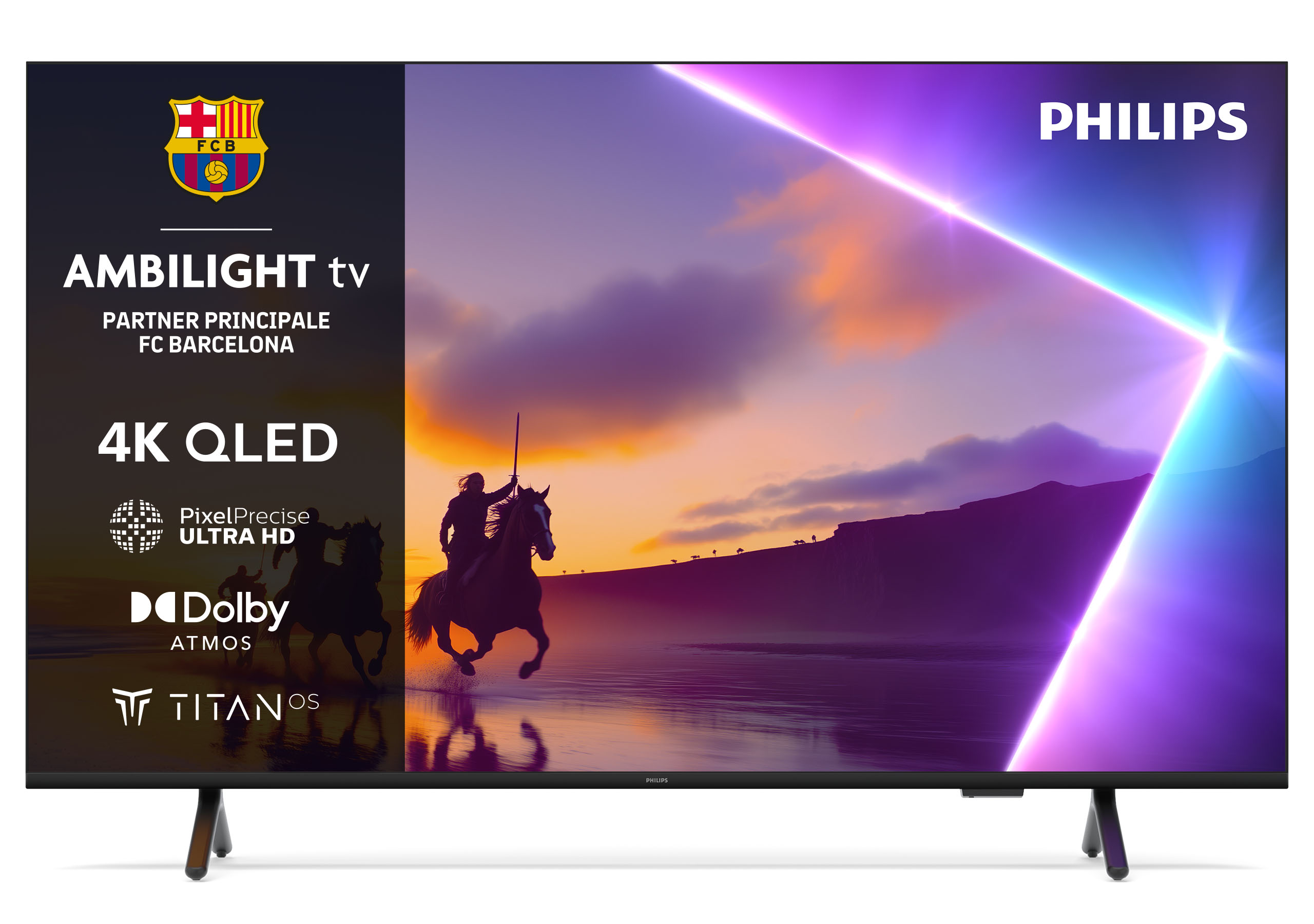 Telewizor Philips z Ambilight, 4K QLED, Dolby Atmos i logo FC Barcelona.