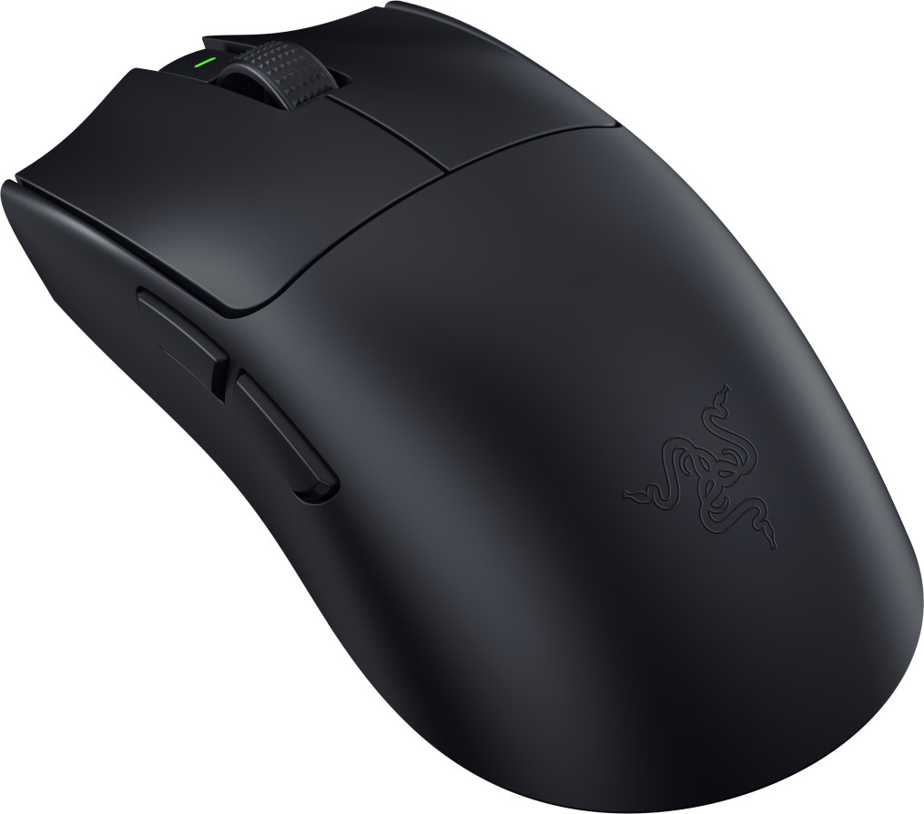 Mouse gaming wireless Razer nero con rotellina e pulsanti laterali.