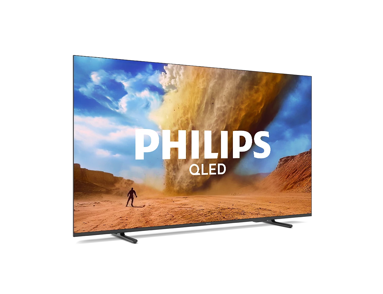Telewizor Philips QLED wyświetla pustynną trąbę powietrzną z człowiekiem.