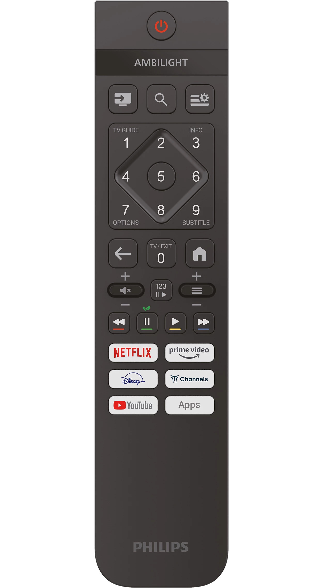 Ciemnoszary pilot do telewizora Philips z przyciskami Netflix, Prime Video, Disney+, YouTube.