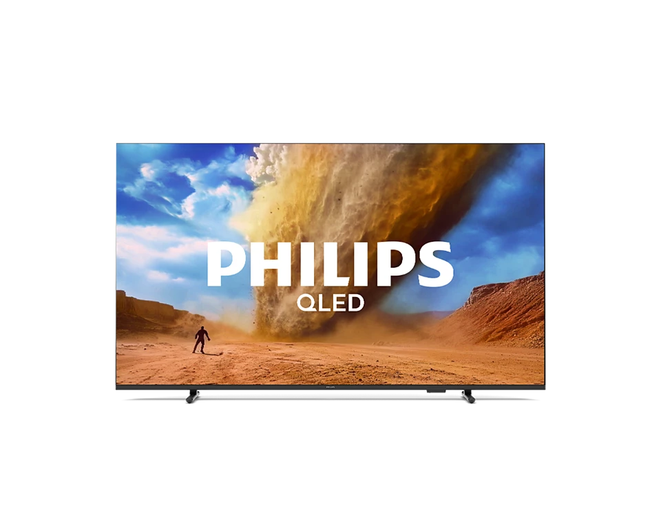 Mężczyzna przed olbrzymim tornadem piaskowym. Wyświetlone logo Philips QLED.