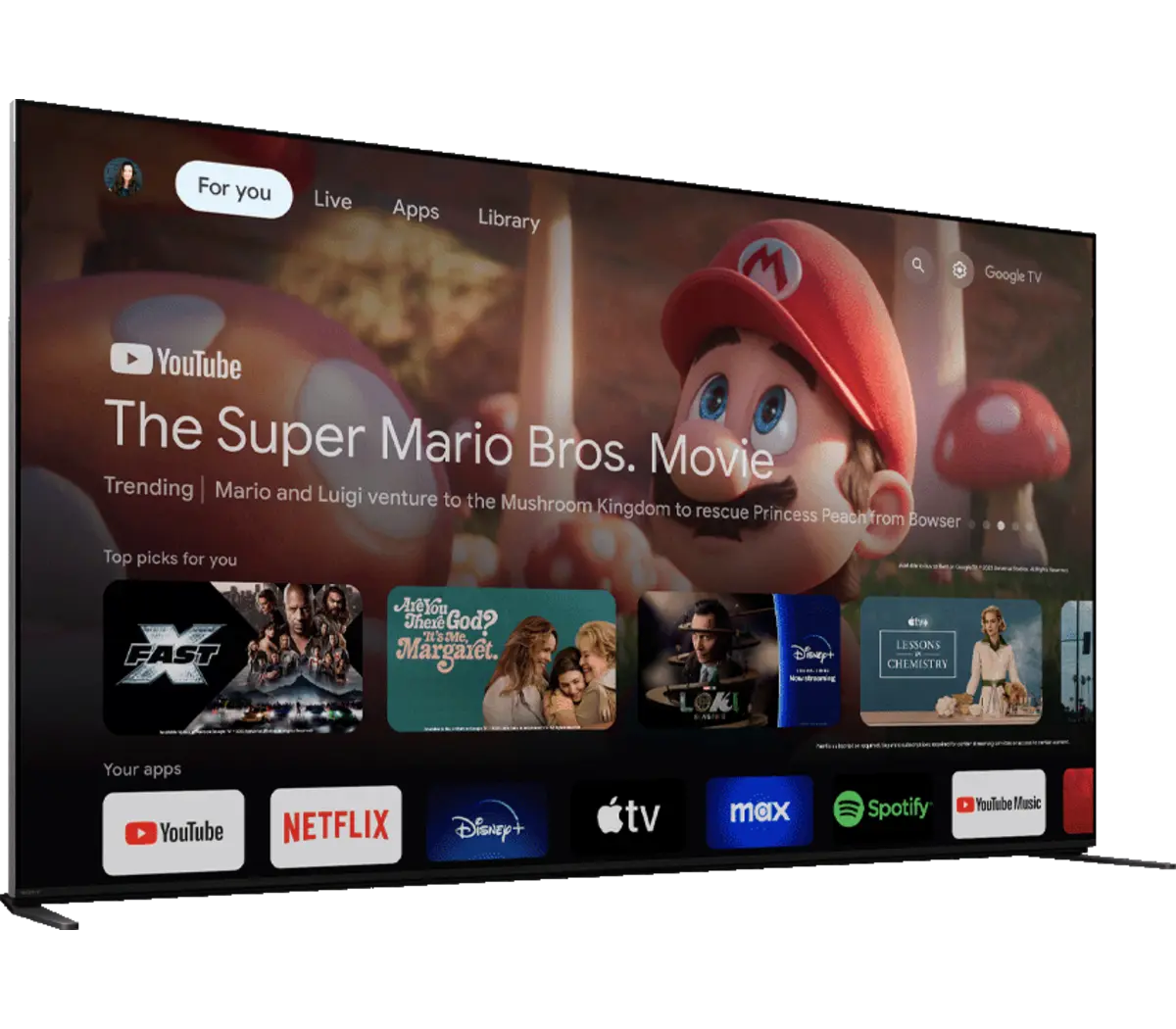 Ekran Smart TV wyświetla film Super Mario Bros., z aplikacjami takimi jak YouTube i Netflix.