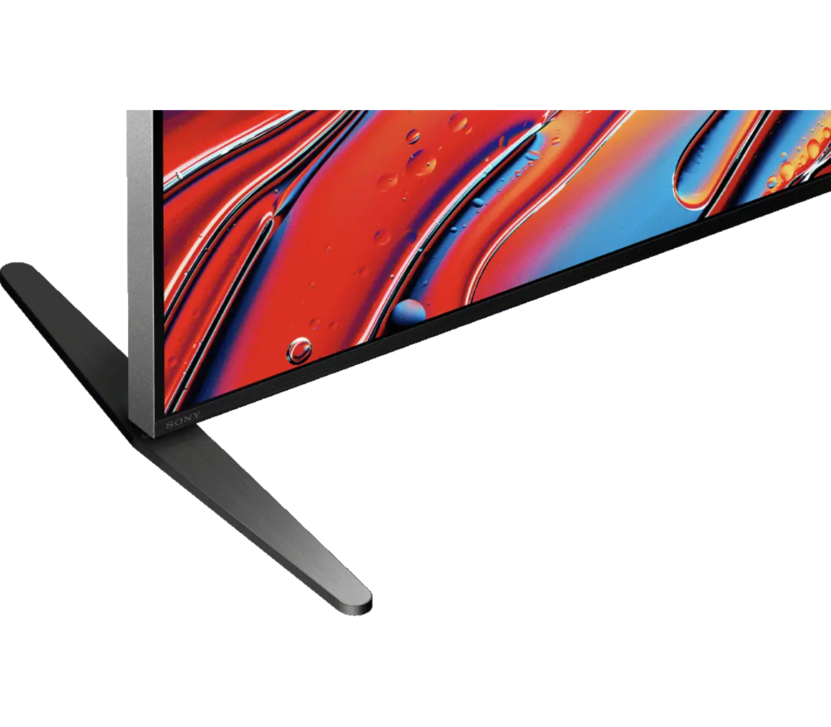 Telewizor Sony wyświetlający abstrakcyjne, kolorowe tło z bąbelkami wody.