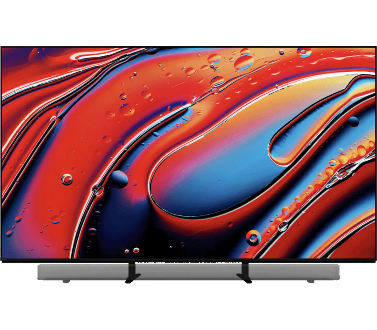 Telewizor wyświetla abstrakcyjny wzór czerwonych, niebieskich i pomarańczowych wirów z bąbelkami.