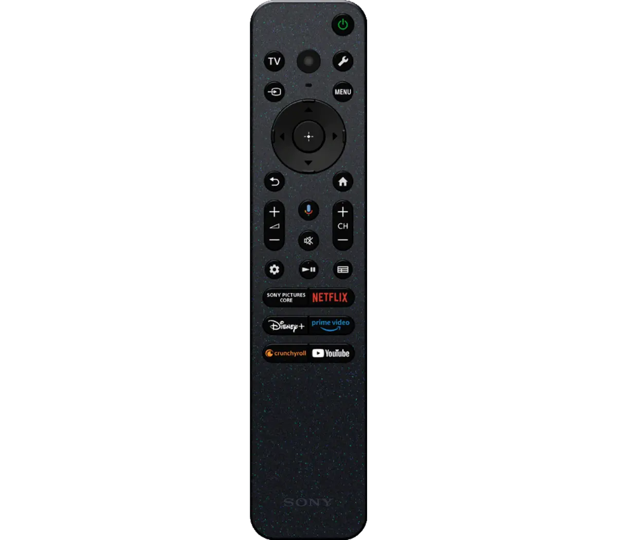 Ciemny pilot z przyciskami do TV, menu, głośności, kanałów i aplikacji streamingowych.