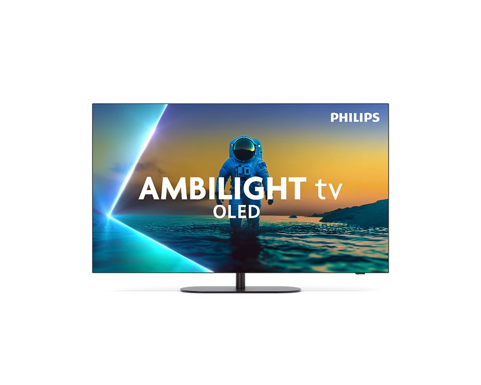 Philips Ambilight OLED TV zeigt Astronauten im Wasser bei Sonnenuntergang.