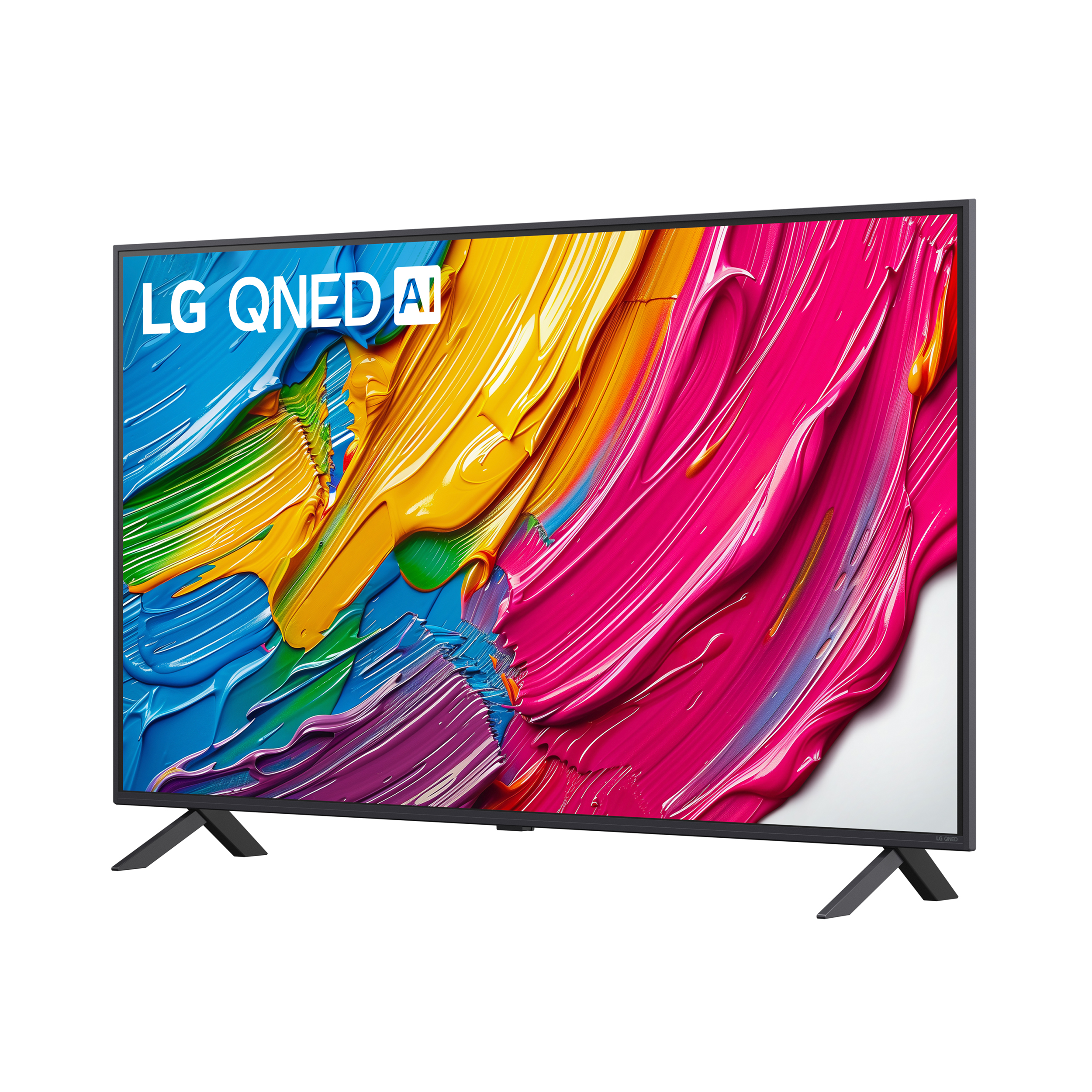 Telewizor LG QNED AI wyświetlający kolorowy, abstrakcyjny obraz na ekranie.
