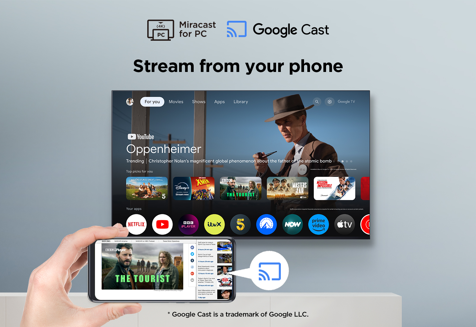 Smartfon odzwierciedla interfejs telewizora z filmami i aplikacjami. "Streamuj z telefonu".