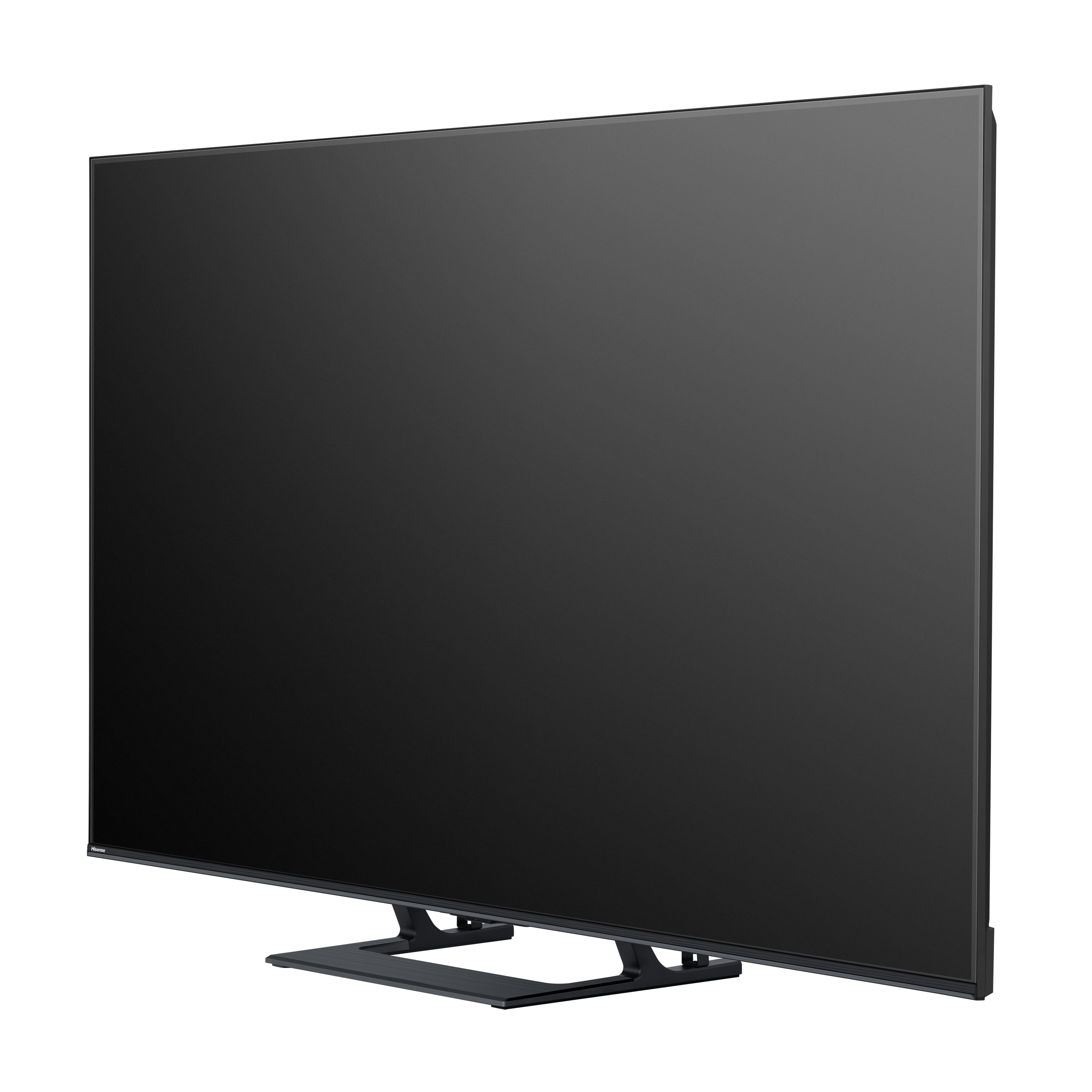 Nowoczesny, czarny telewizor z wąską ramką na minimalistycznym stojaku.