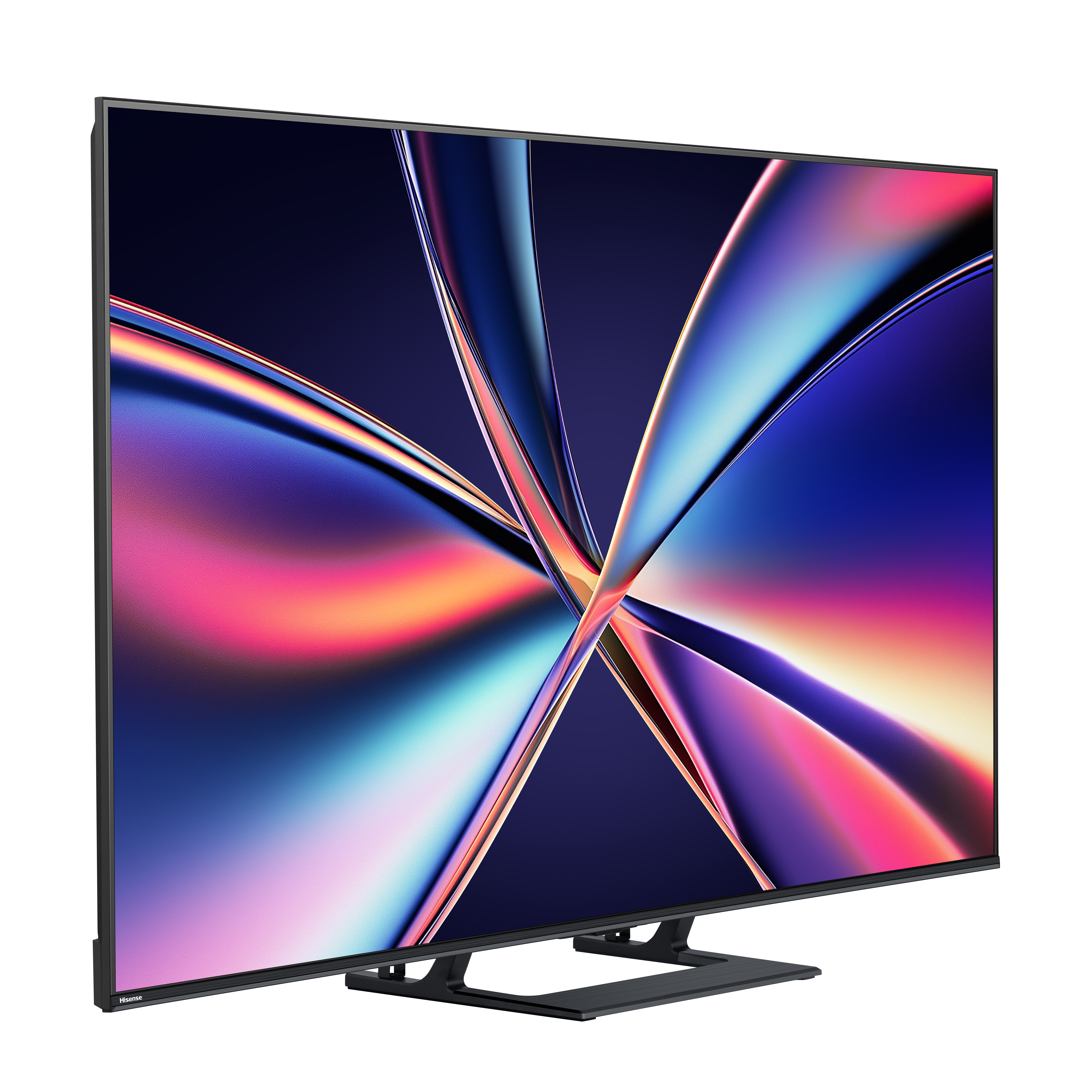 Nowoczesny telewizor Hisense z elegancką czarną ramą wyświetla żywy, abstrakcyjny obraz.