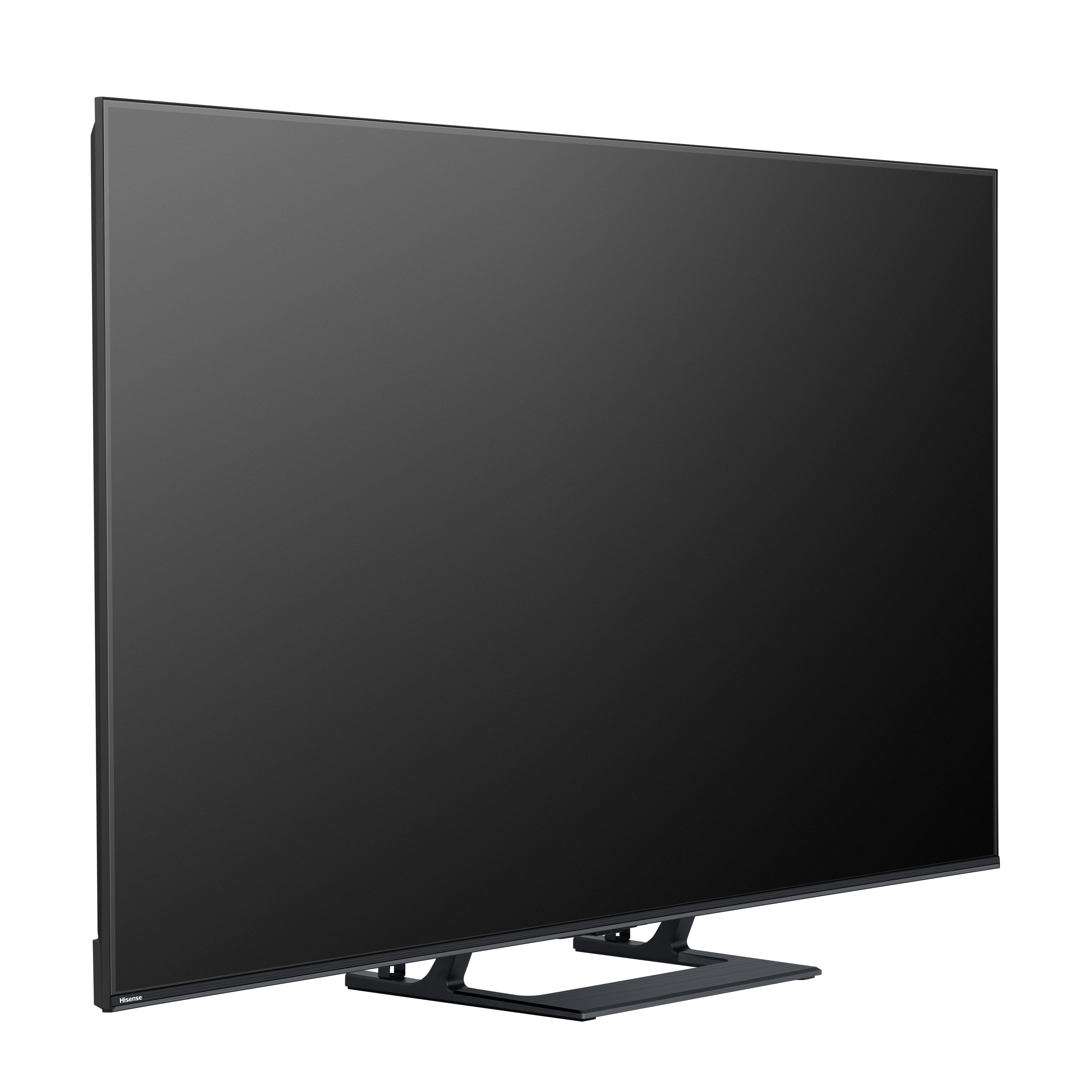 Nowoczesny, czarny telewizor Hisense z cienką ramką i szeroką podstawą.