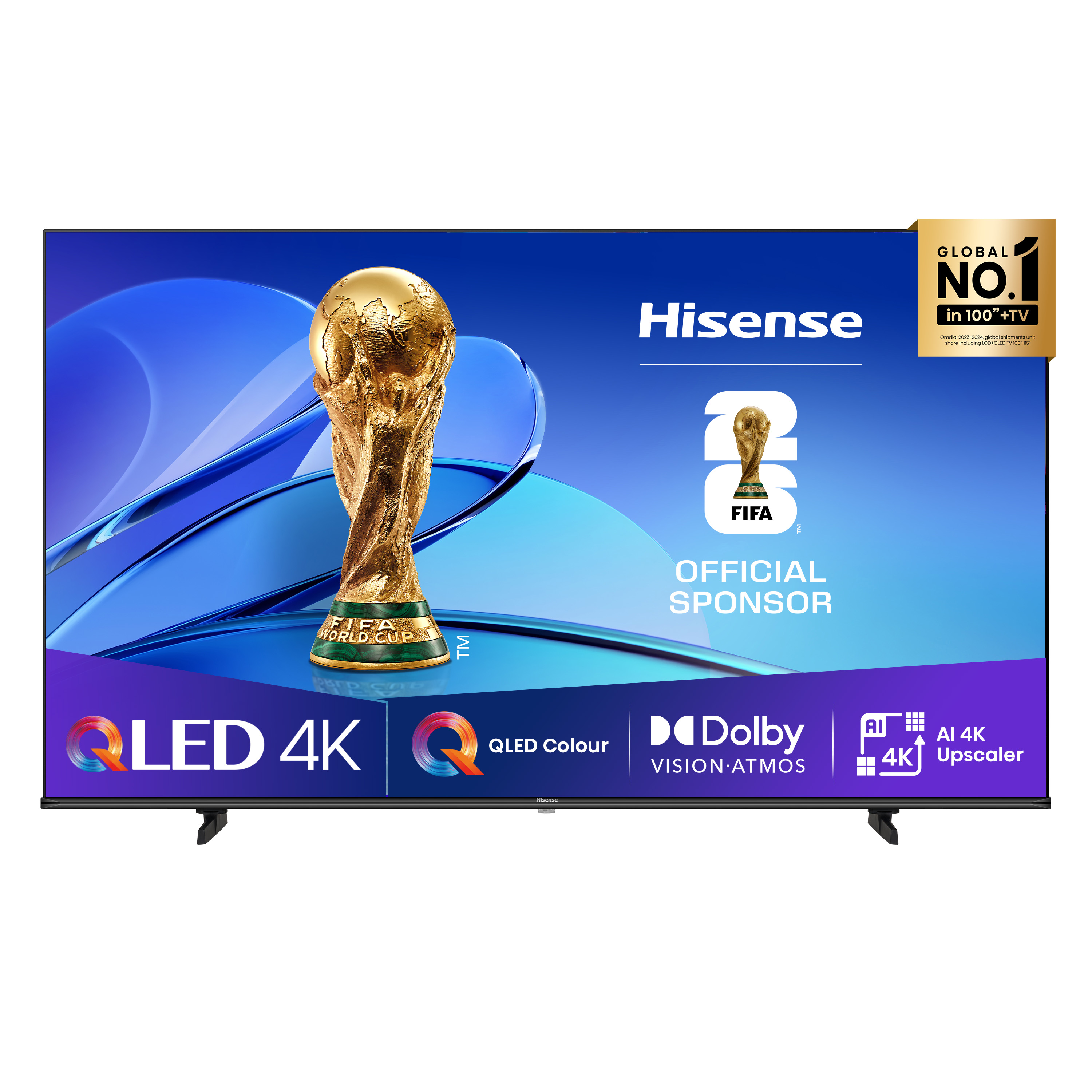 Telewizor Hisense QLED 4K z pucharem Mistrzostw Świata FIFA i sloganem 'Global No.1'.