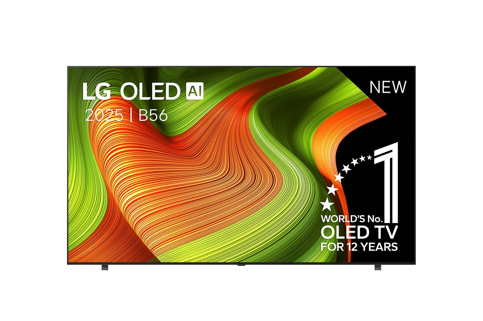 Telewizor LG OLED AI 2025 B56 z abstrakcyjnym wzorem i logo "Nr 1 na świecie".