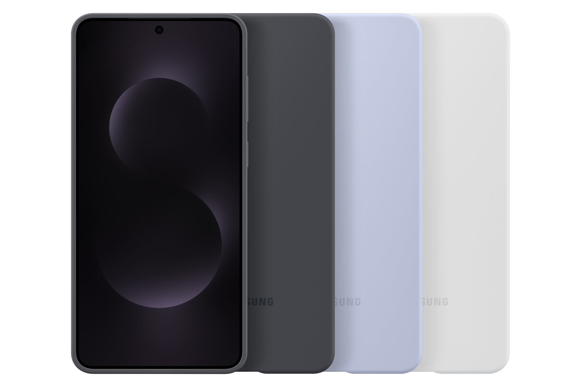 Smartfon z ciemnym ekranem obok szarego, fioletowego i białego etui.