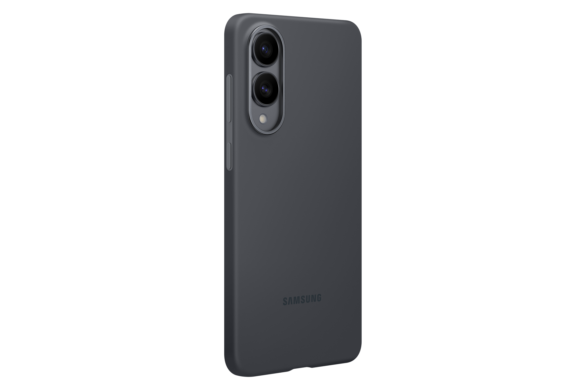 Ciemnoszary telefon Samsung z dwoma obiektywami, pokazany z boku.